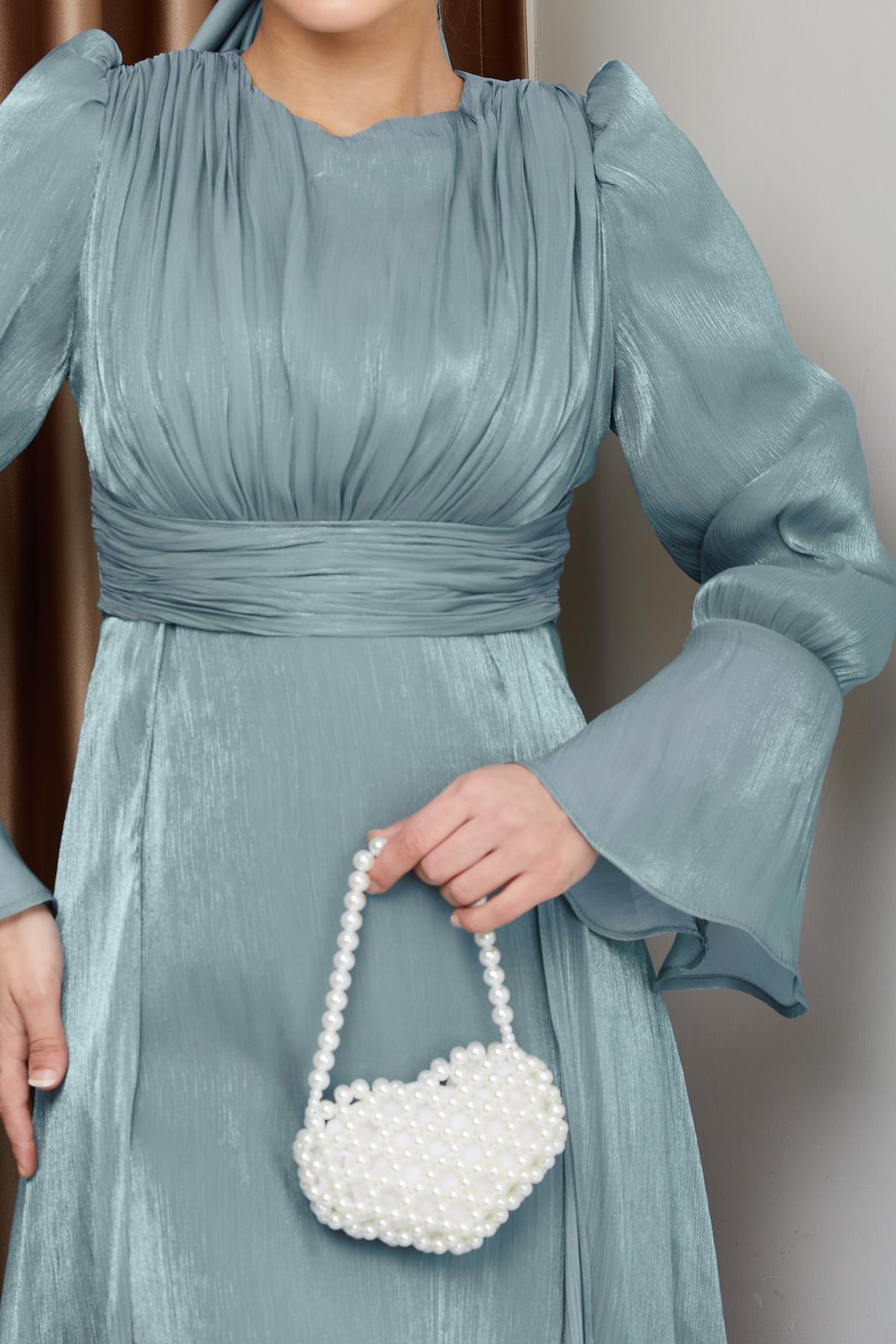 Pelerin Etekli Yoryo İpek Tesettür Abiye Elbise SU YEŞİLİ 1235