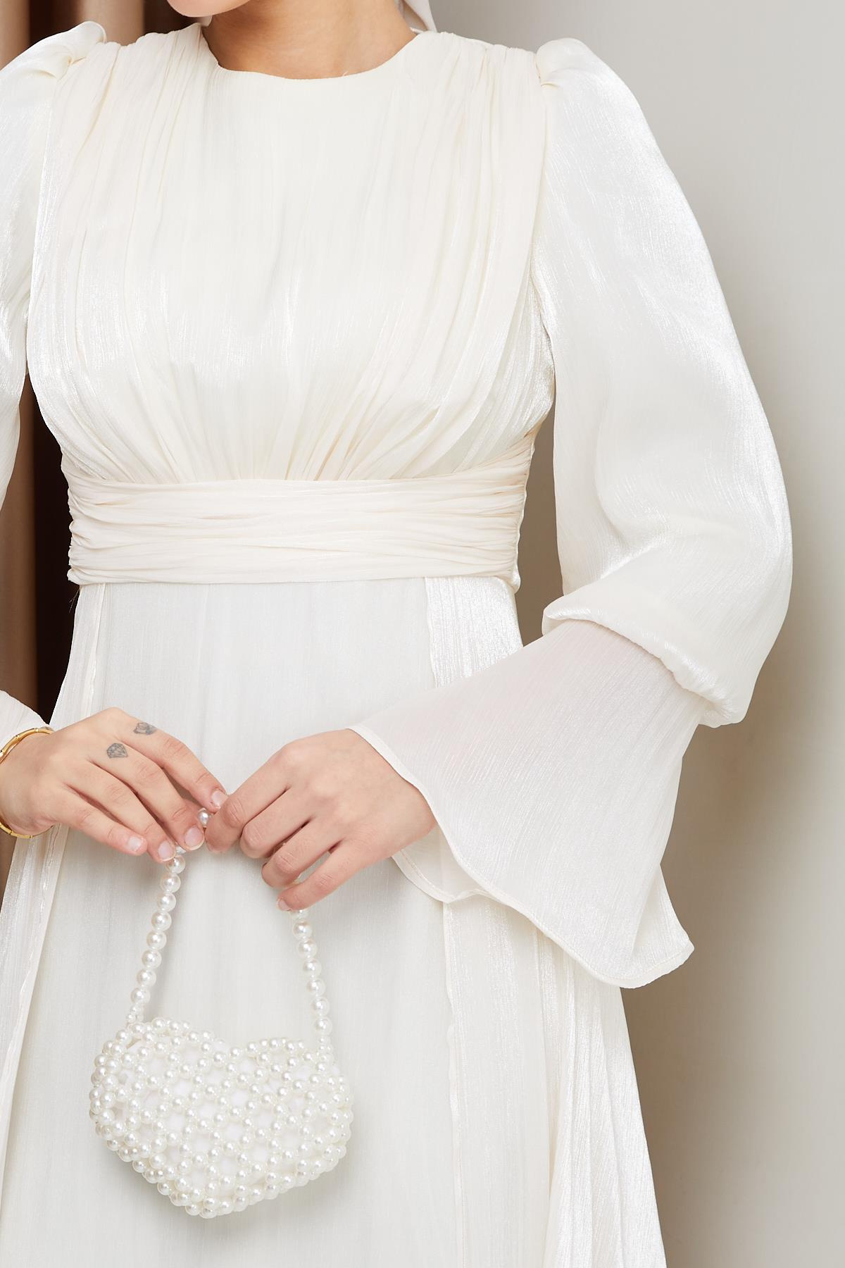 Pelerin Etekli Yoryo İpek Tesettür Abiye Elbise EKRU 1235