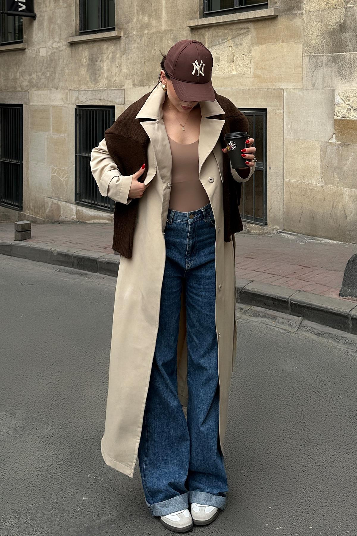 Unlined Oversize Trench Coat with Cape and Epaulette Detail IVORY 6696