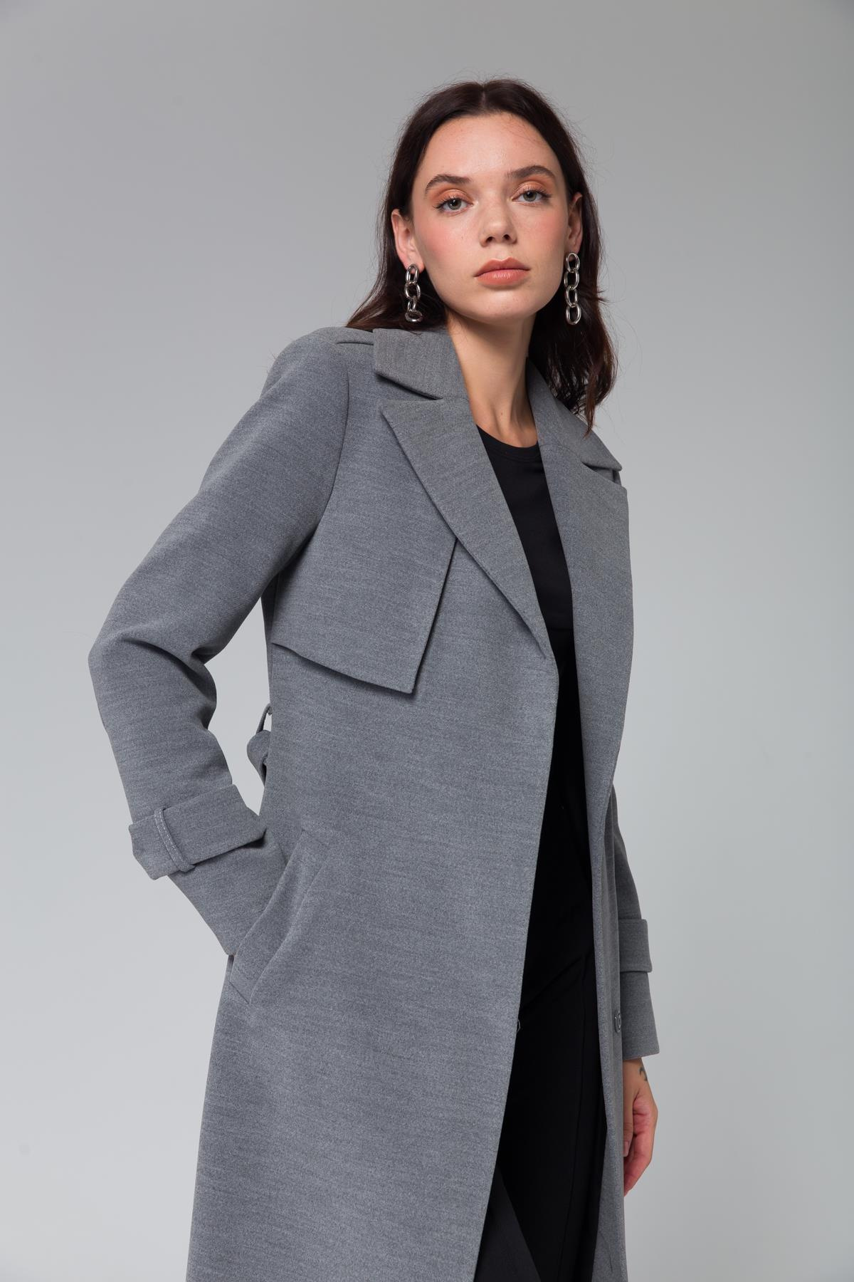 Mid-Length Coat with Cape and Epaulette Detail and Snap Closure GREY 3771