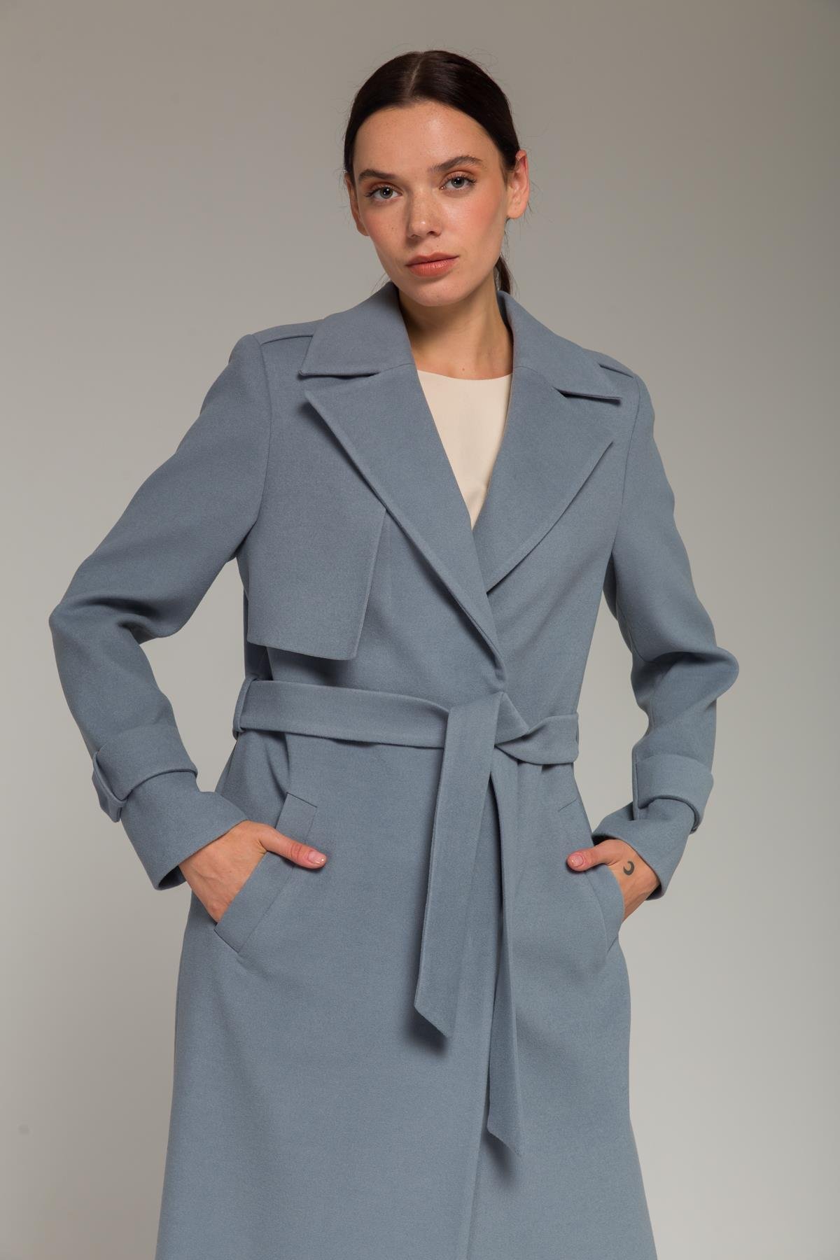 Mid-Length Coat with Cape and Epaulette Detail and Snap Closure BLUE 3771