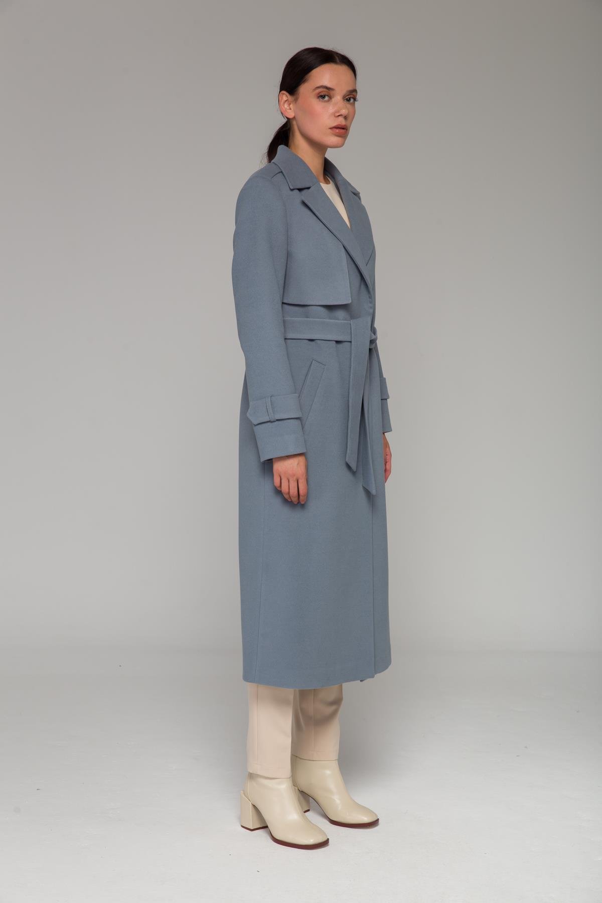 Mid-Length Coat with Cape and Epaulette Detail and Snap Closure BLUE 3771