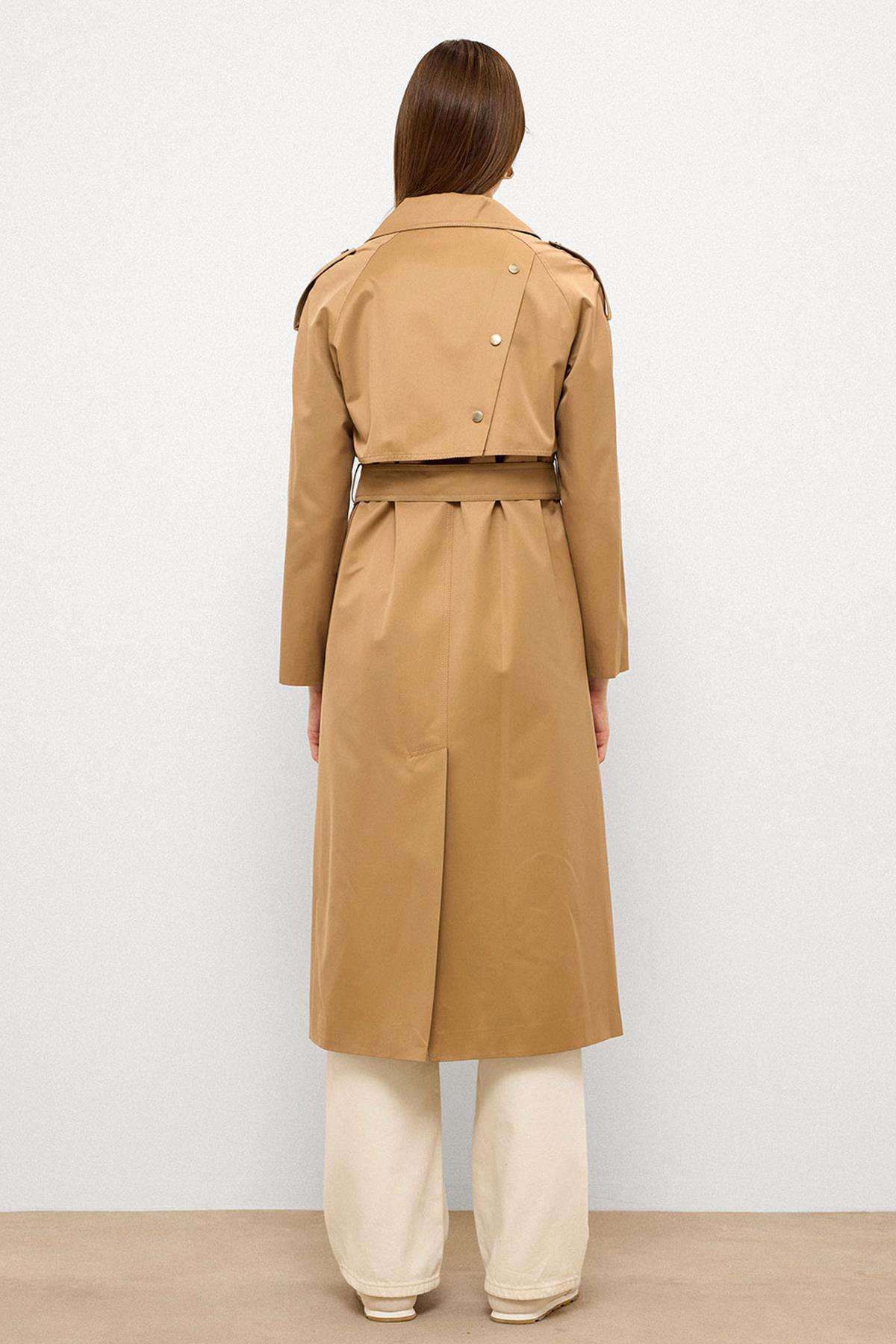 Pelerin ve Apolet Detaylı Çıt Çıt Kapamalı Su İtici Özellikli Trençkot K. KAMEL 6709