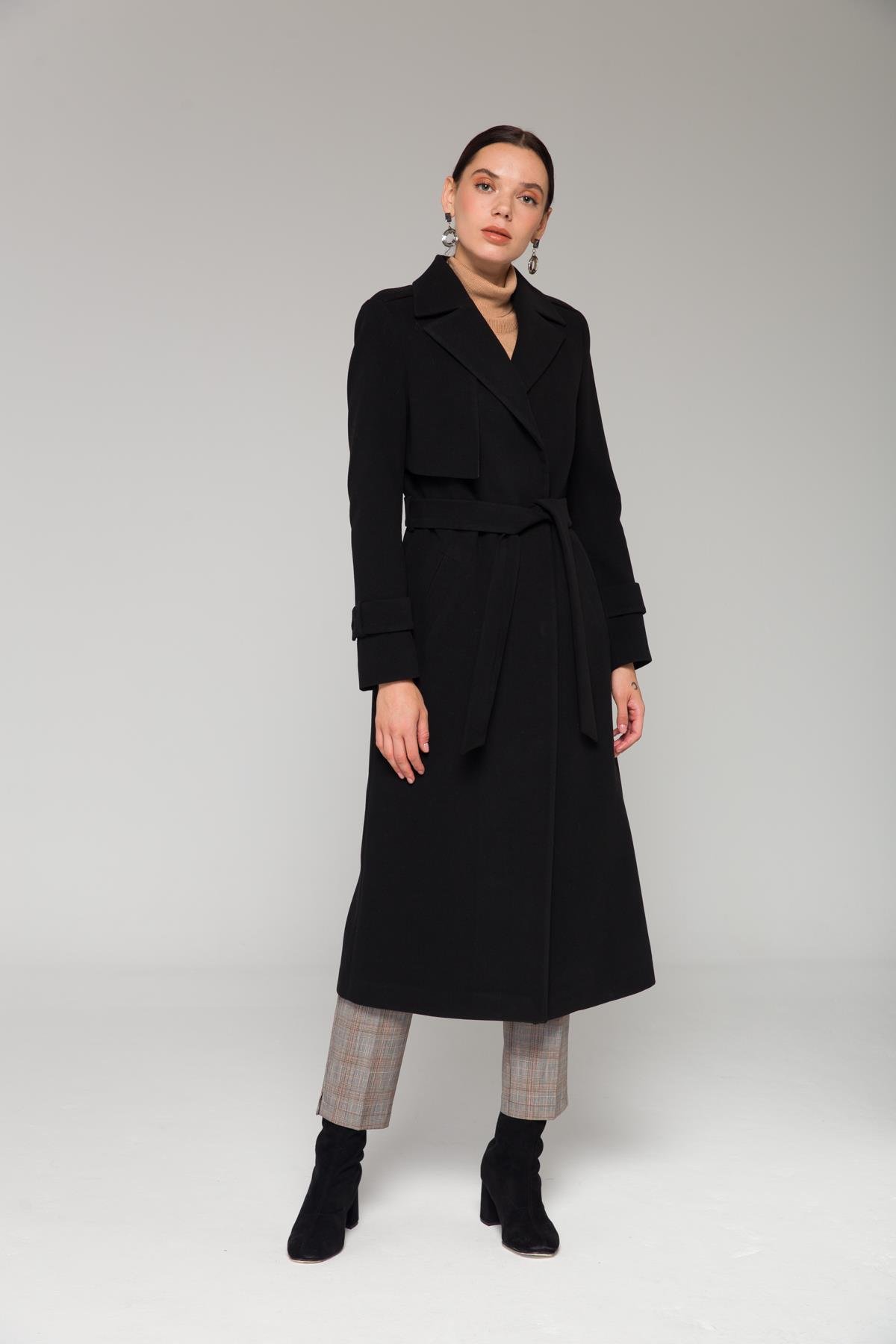 Mid-Length Coat with Cape and Epaulette Detail and Snap Closure BLACK 3771