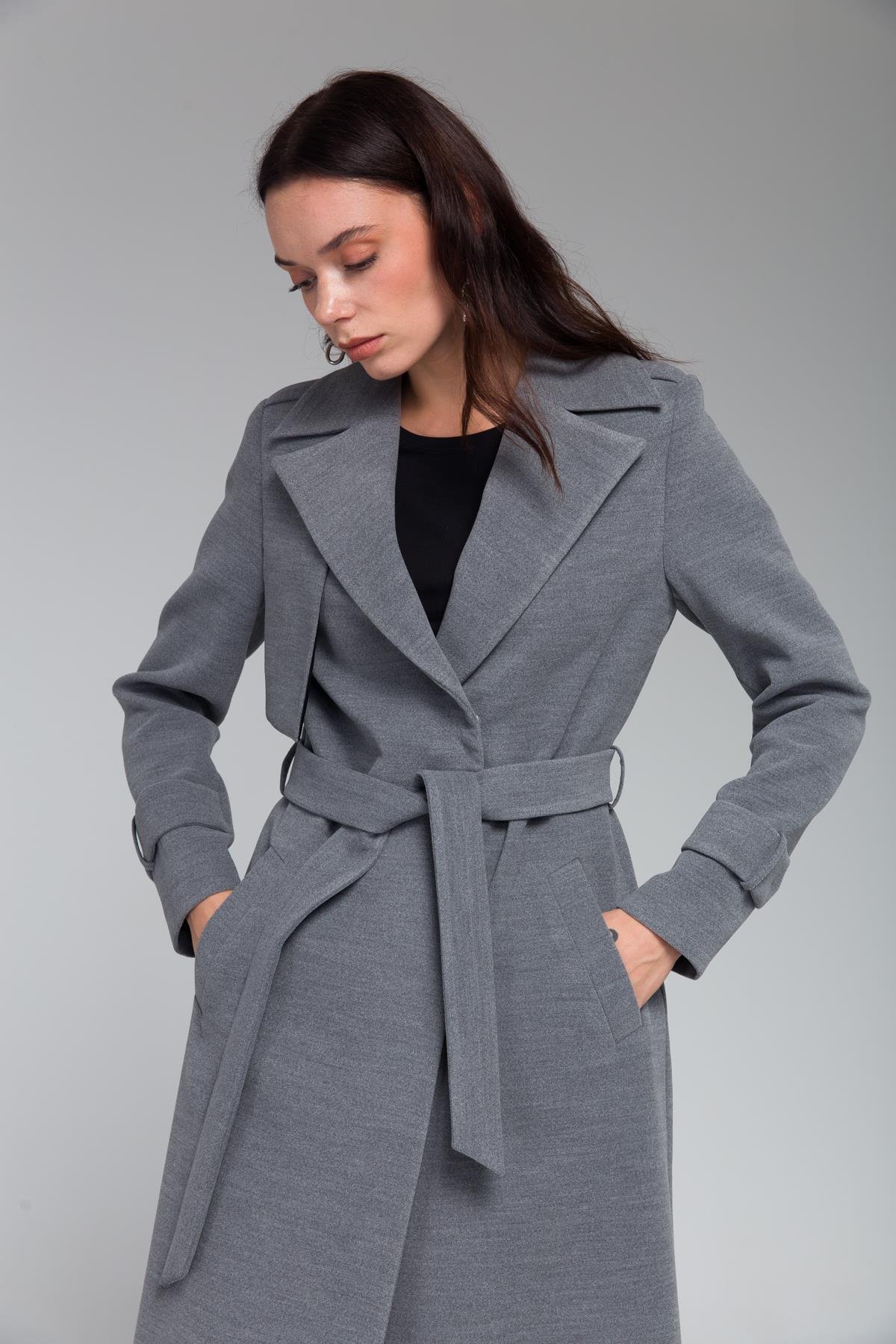 Mid-Length Coat with Cape and Epaulette Detail and Snap Closure GREY 3771