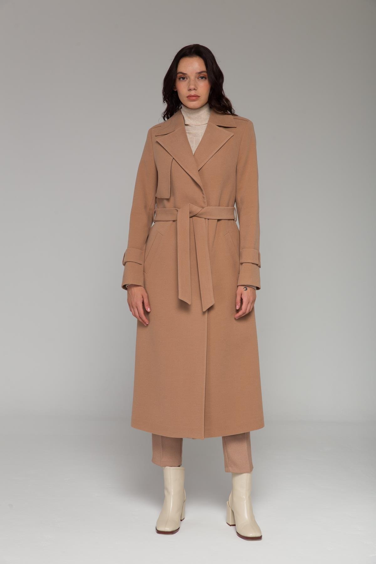 Mid-Length Coat with Cape and Epaulette Detail and Snap Closure CAMEL 3771