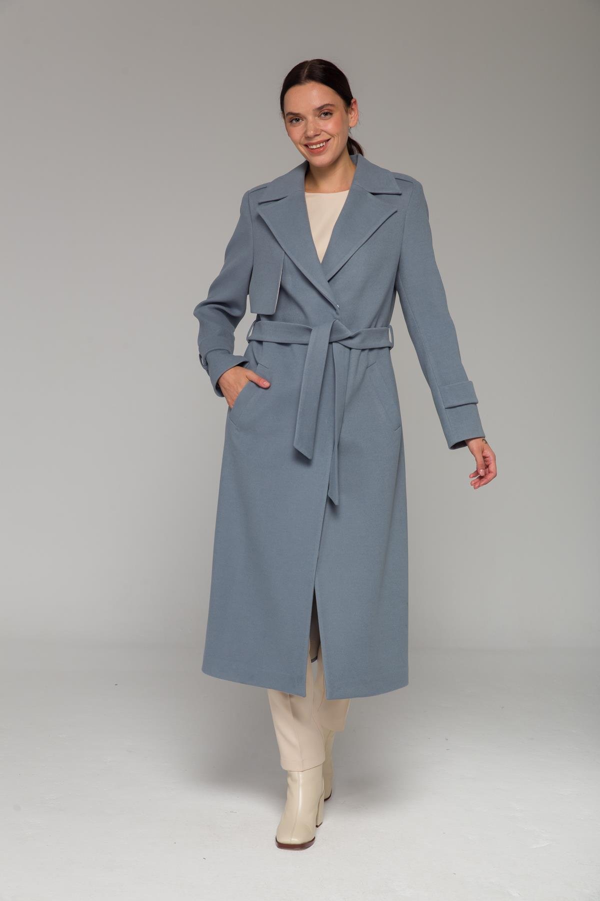 Mid-Length Coat with Cape and Epaulette Detail and Snap Closure BLUE 3771