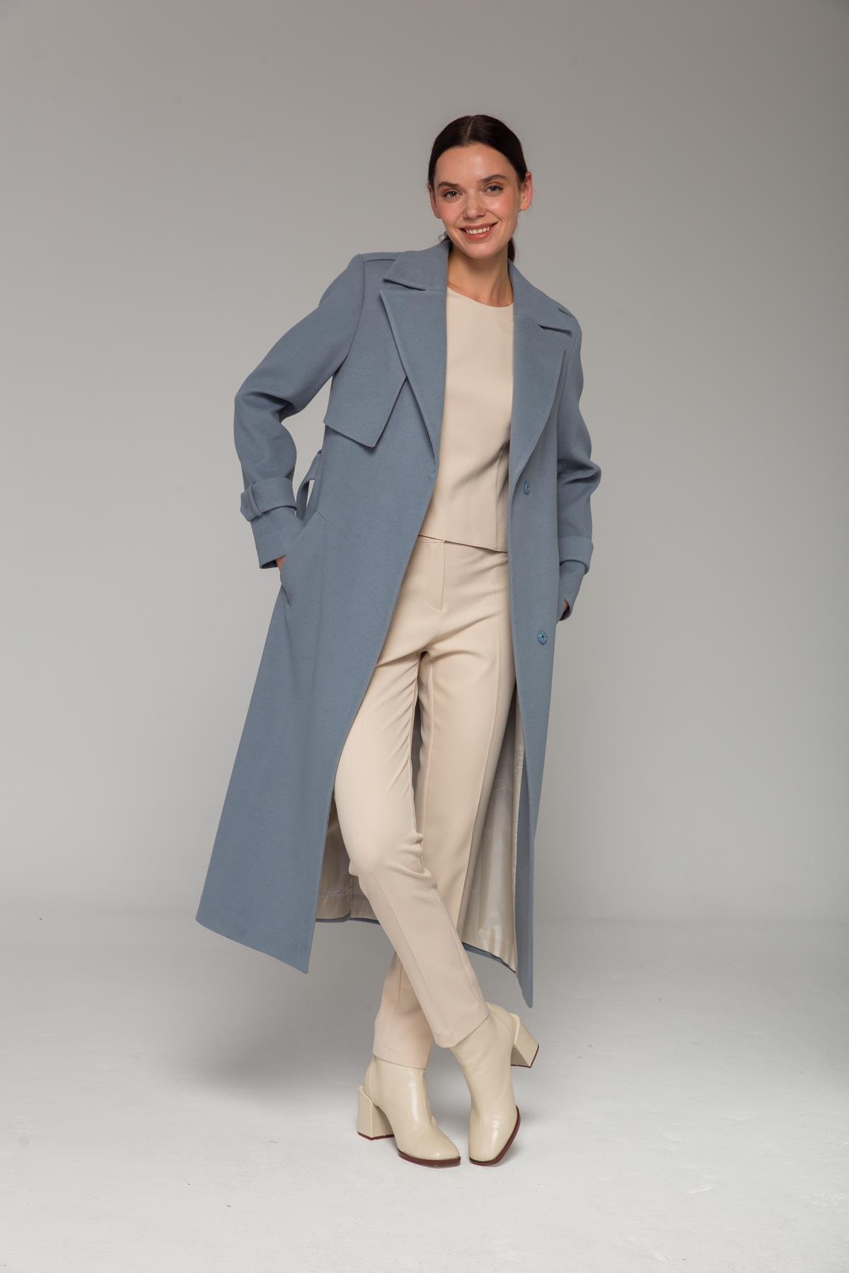 Mid-Length Coat with Cape and Epaulette Detail and Snap Closure BLUE 3771