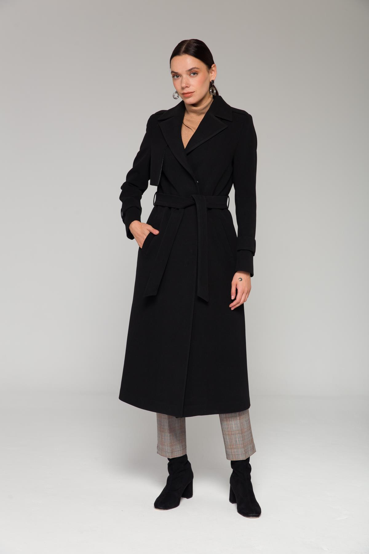 Mid-Length Coat with Cape and Epaulette Detail and Snap Closure BLACK 3771