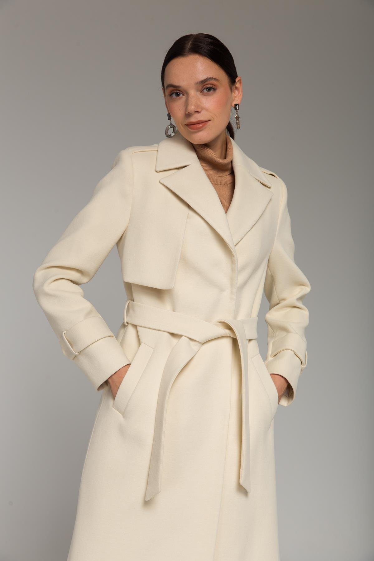 Mid-Length Coat with Cape and Epaulette Detail and Snap Closure IVORY 3771