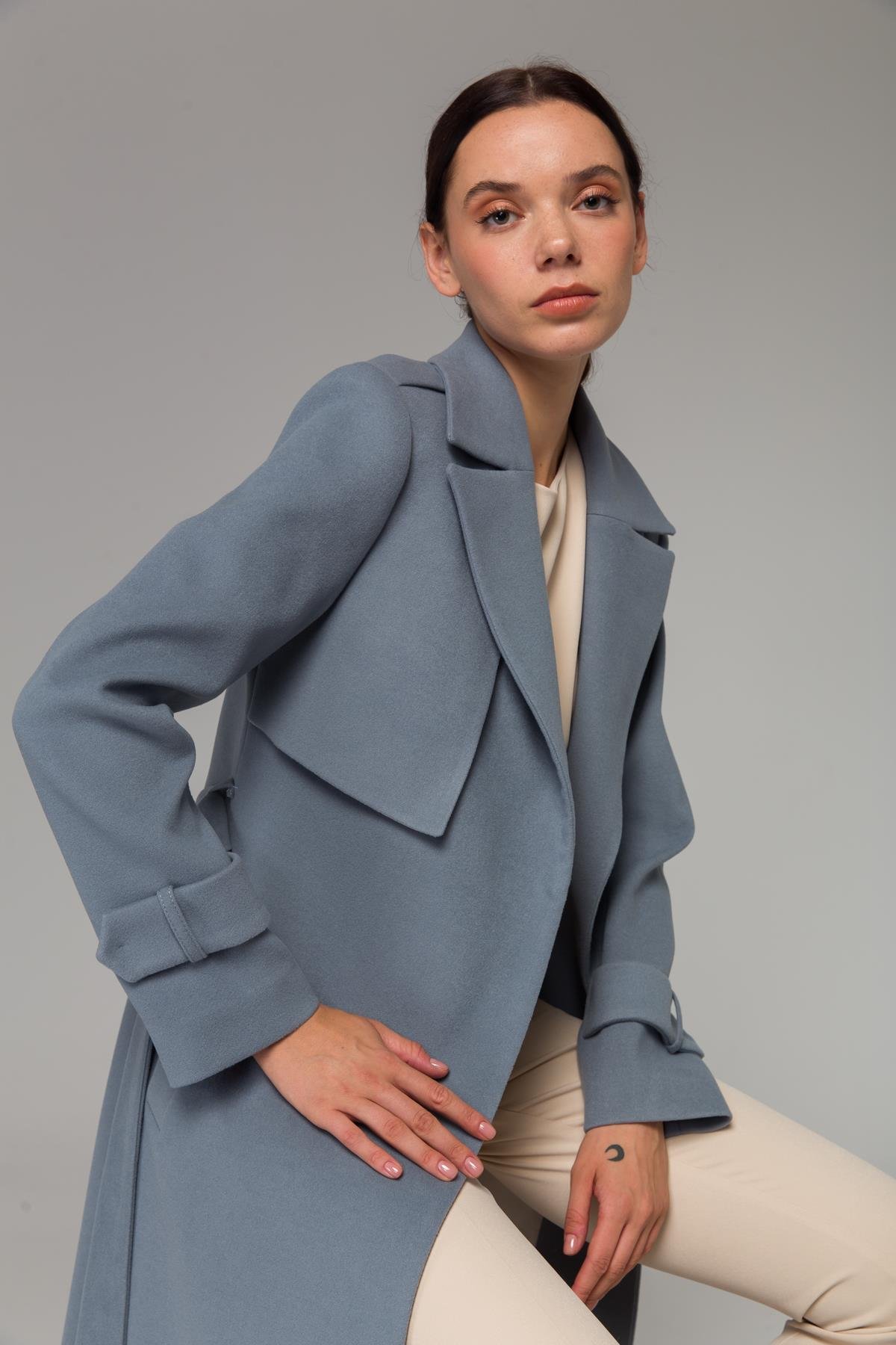 Mid-Length Coat with Cape and Epaulette Detail and Snap Closure BLUE 3771