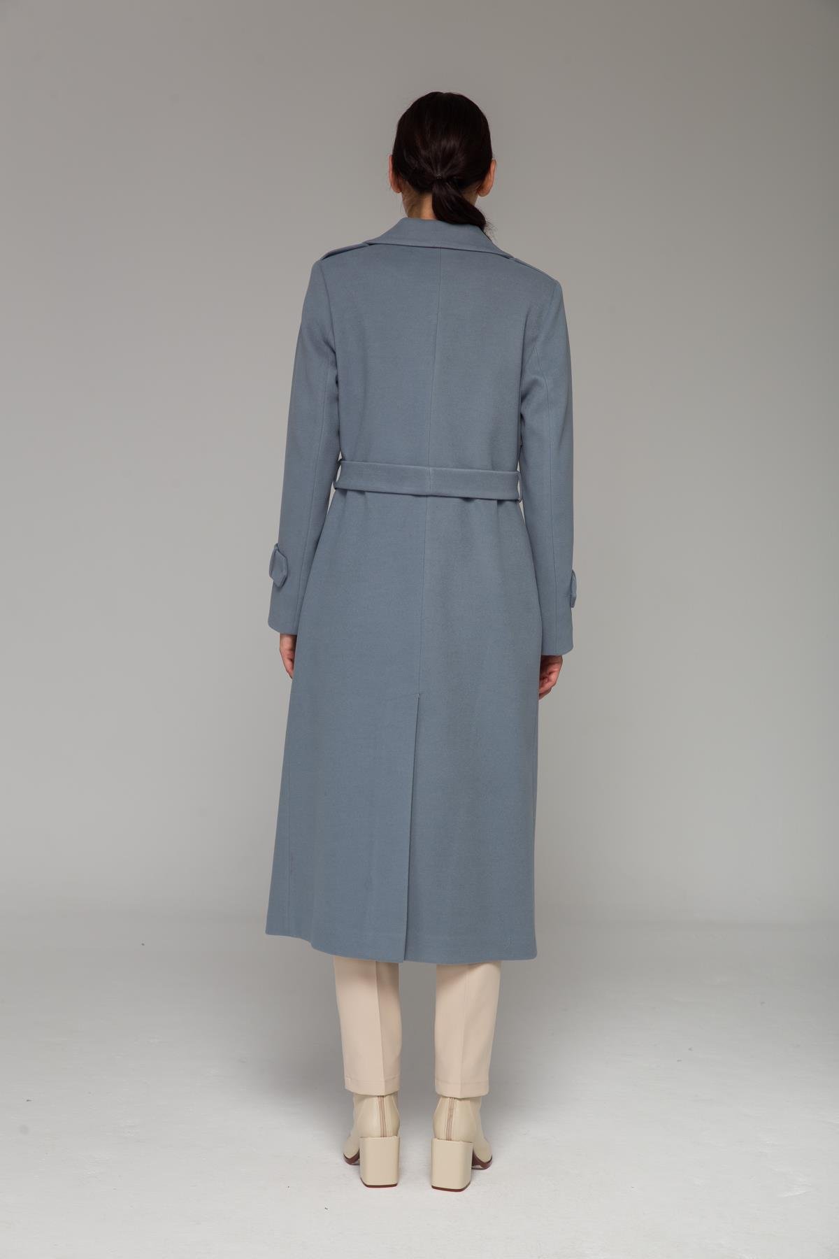 Mid-Length Coat with Cape and Epaulette Detail and Snap Closure BLUE 3771