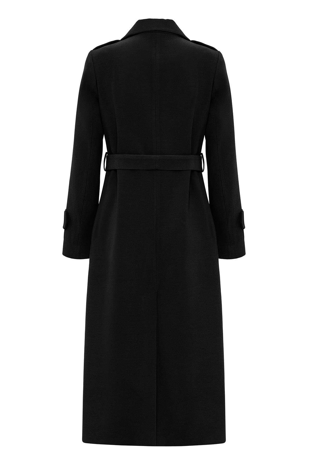 Mid-Length Coat with Cape and Epaulette Detail and Snap Closure BLACK 3771
