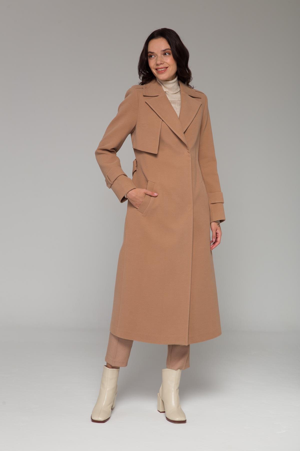 Mid-Length Coat with Cape and Epaulette Detail and Snap Closure CAMEL 3771