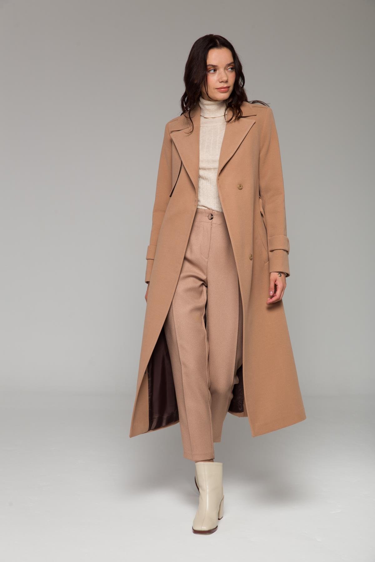 Mid-Length Coat with Cape and Epaulette Detail and Snap Closure CAMEL 3771