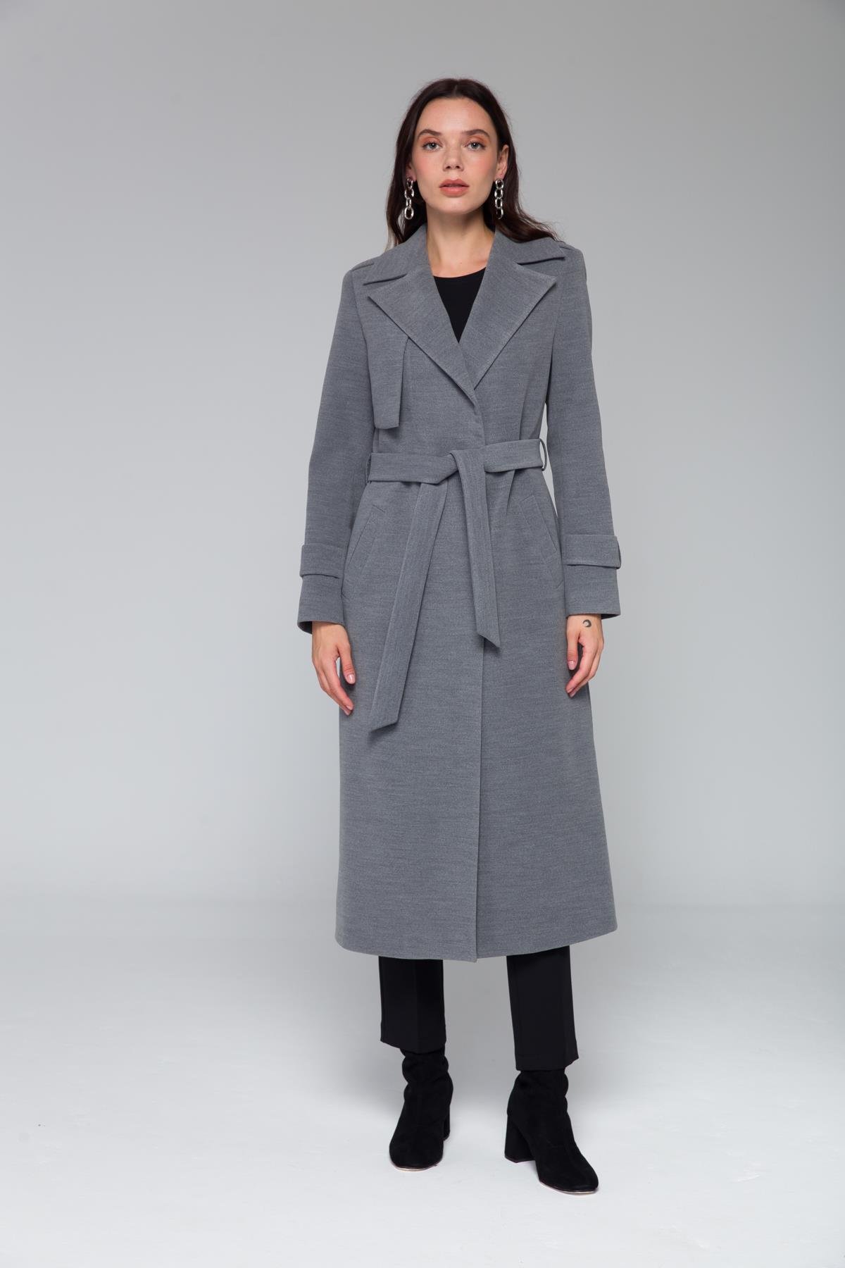 Mid-Length Coat with Cape and Epaulette Detail and Snap Closure GREY 3771