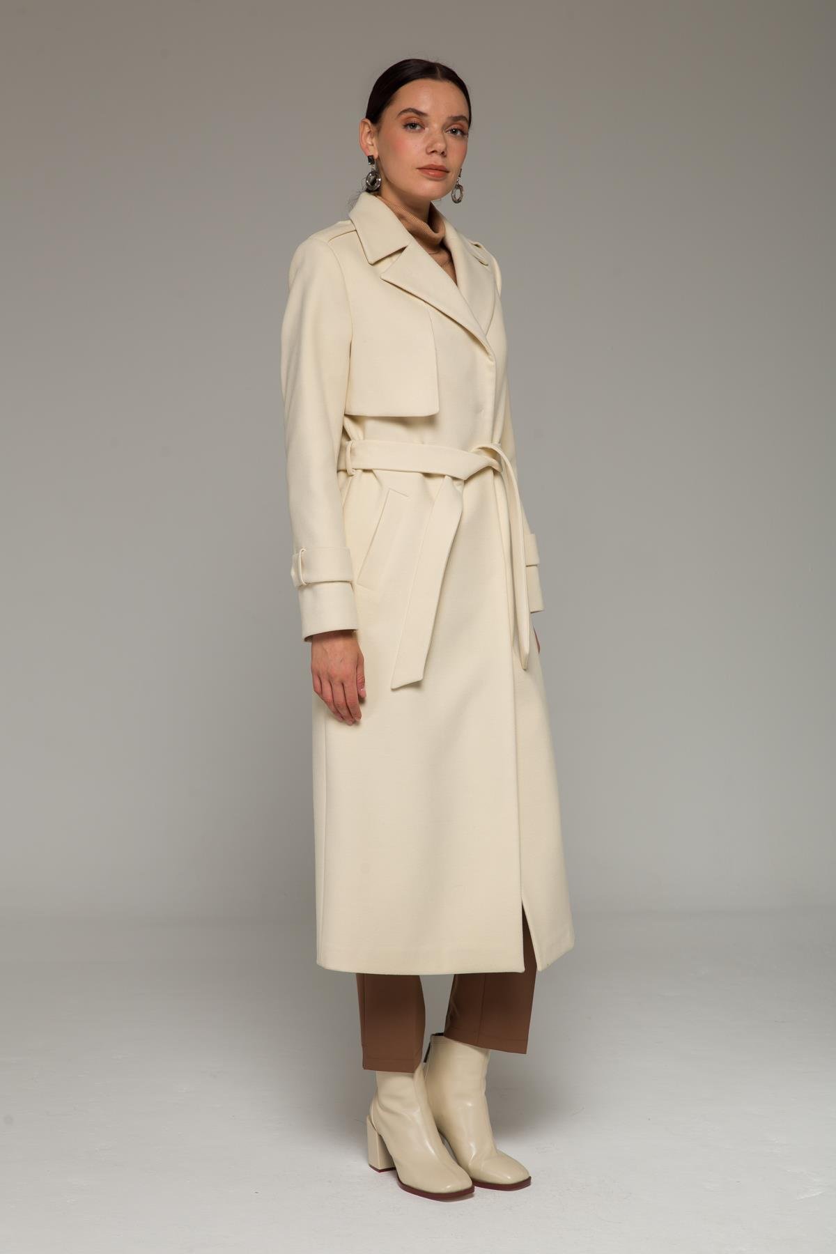 Mid-Length Coat with Cape and Epaulette Detail and Snap Closure IVORY 3771