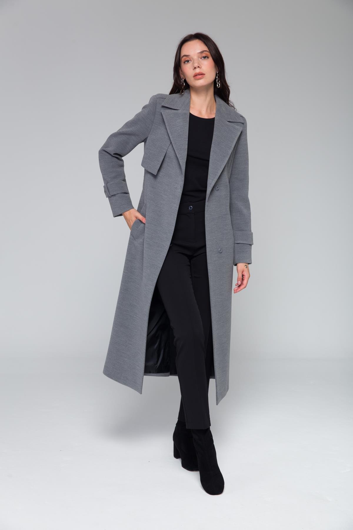 Mid-Length Coat with Cape and Epaulette Detail and Snap Closure GREY 3771