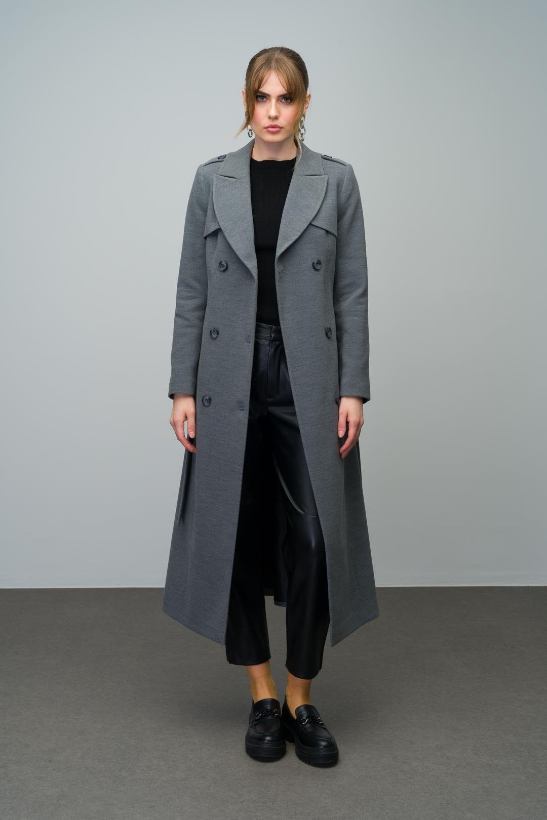 Double-Breasted Long Coat with Cape and Epaulette Detail GREY 3013