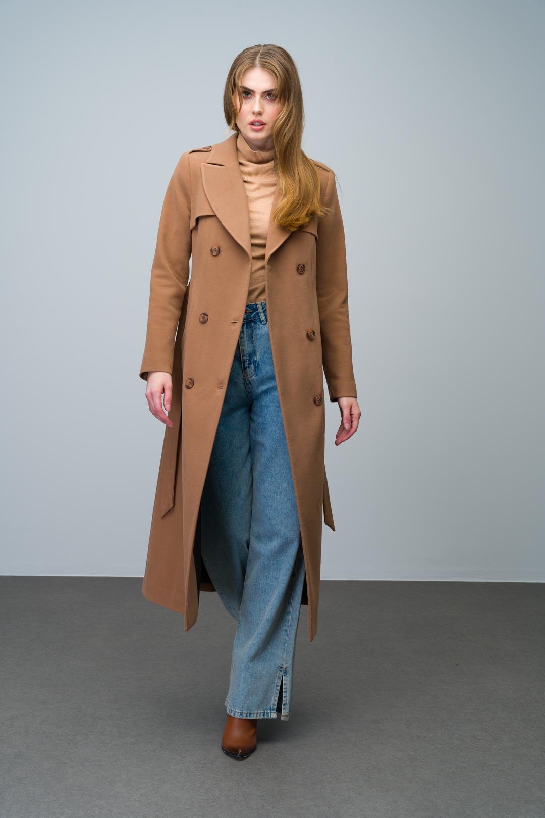 Double-Breasted Long Coat with Cape and Epaulette Detail CAMEL 3013