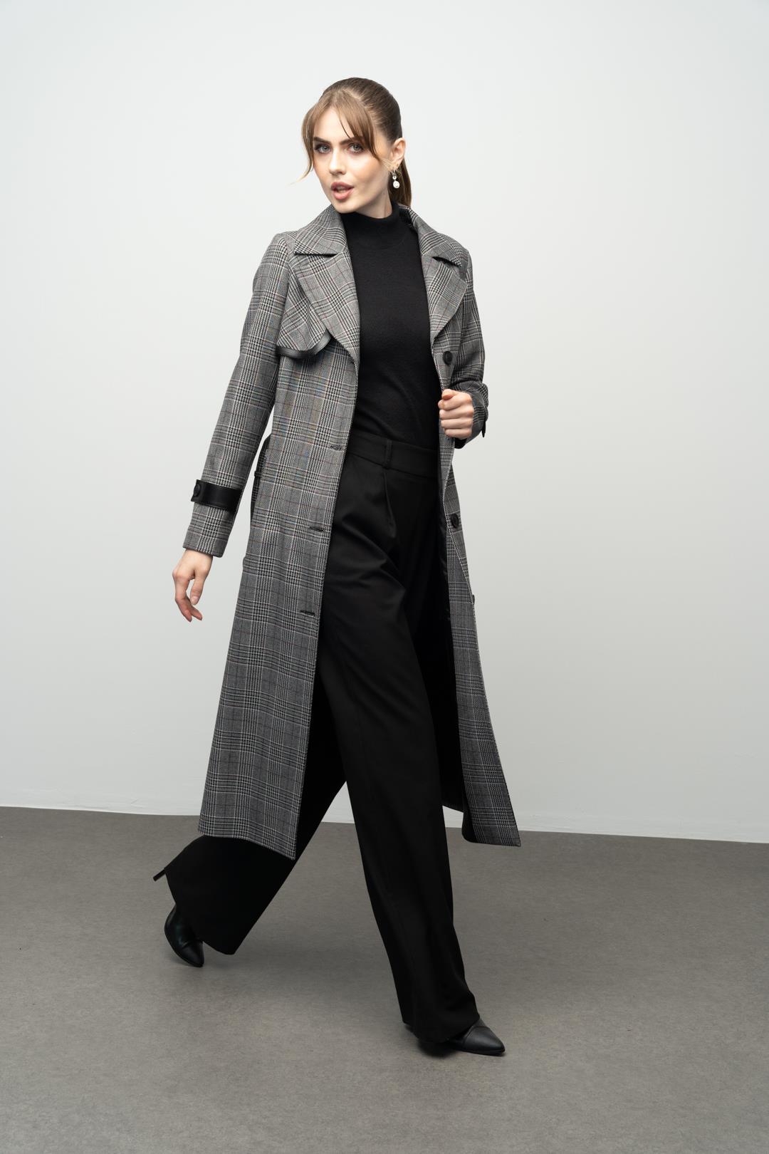 Plaid Cape with Leather Detail BLACK 6613