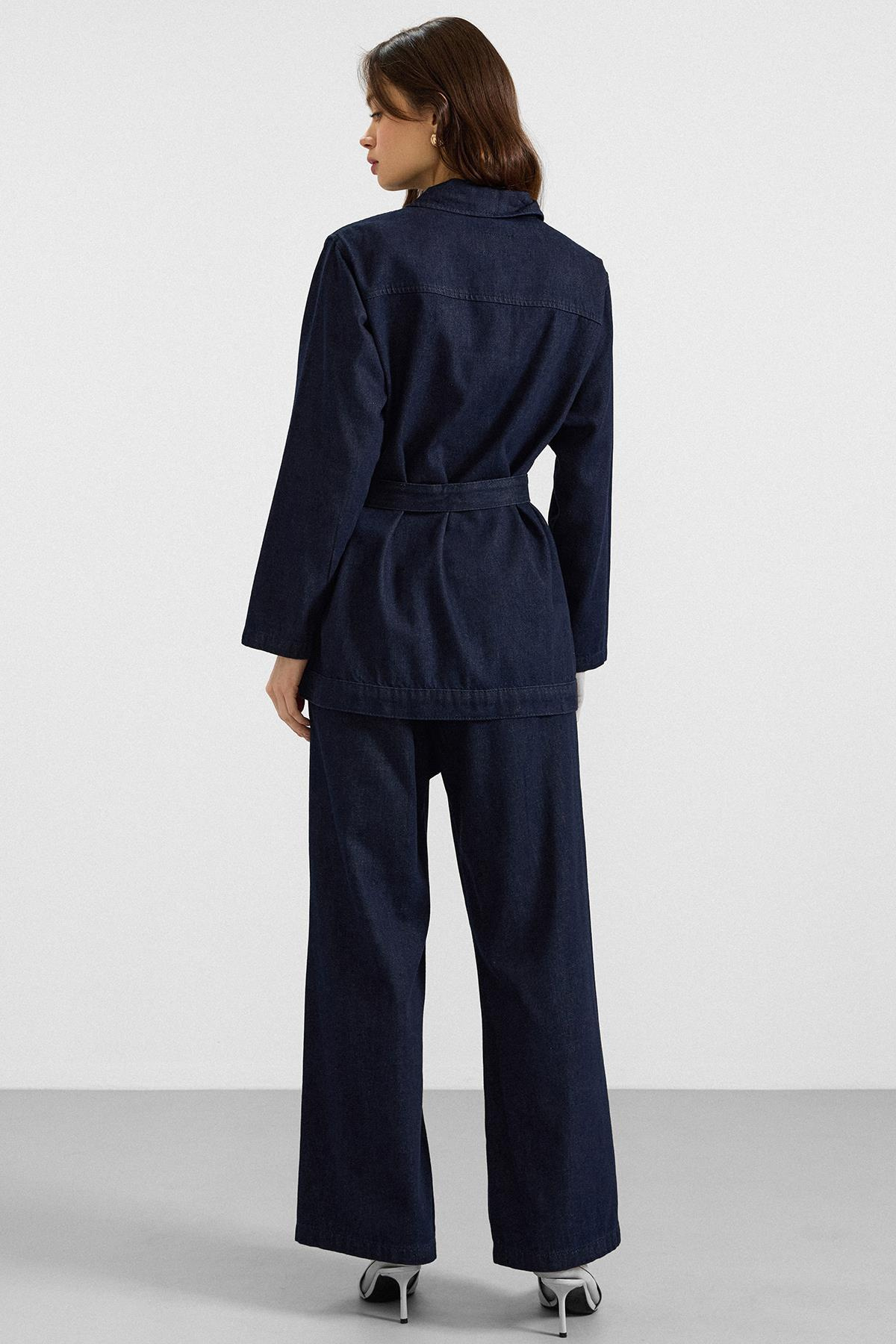 Pelerin ve Metal Düğmeli Ceket Pantolon Denim İkili Takım LACİVERT 9393-TK