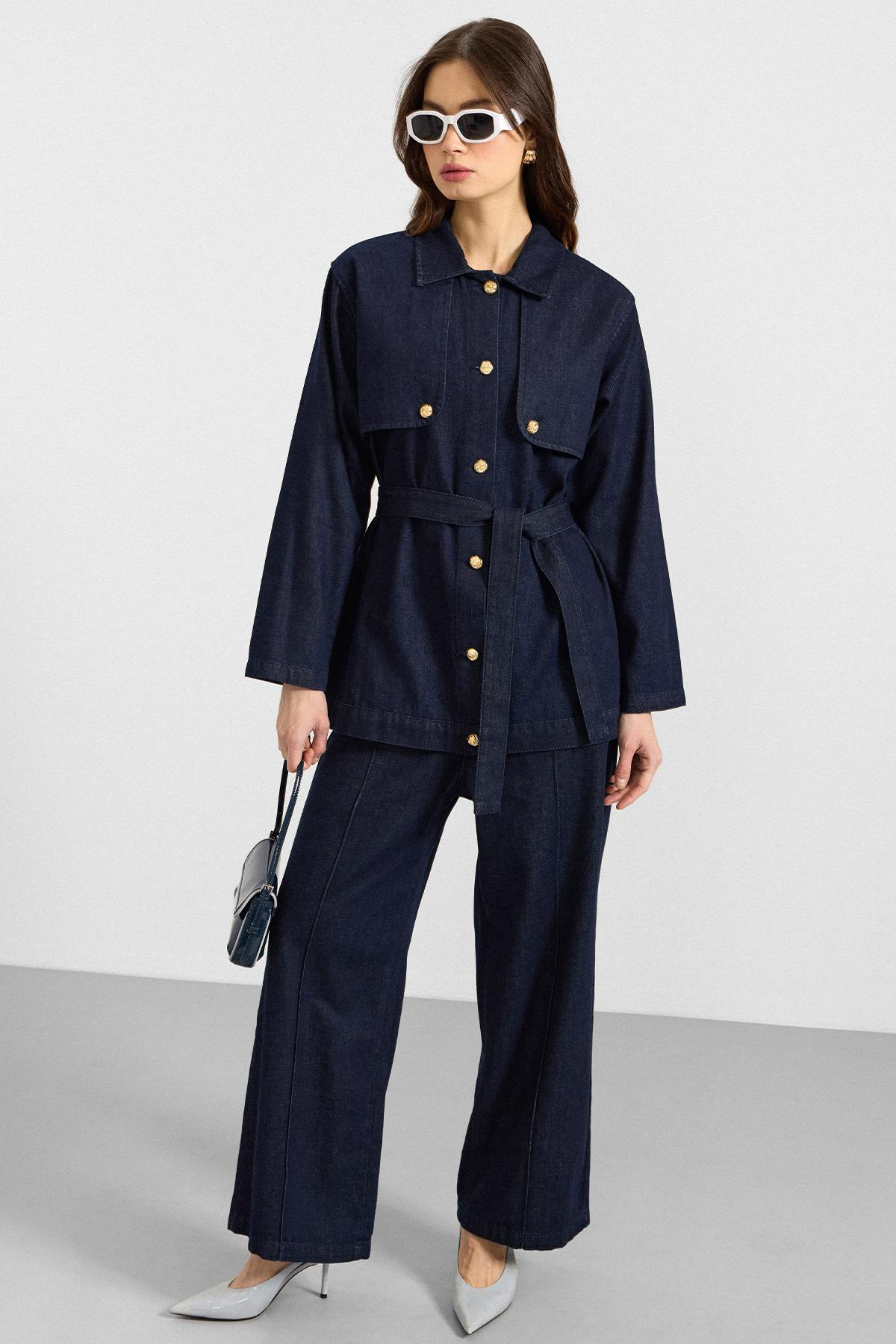 Pelerin ve Metal Düğmeli Ceket Pantolon Denim İkili Takım LACİVERT 9393-TK