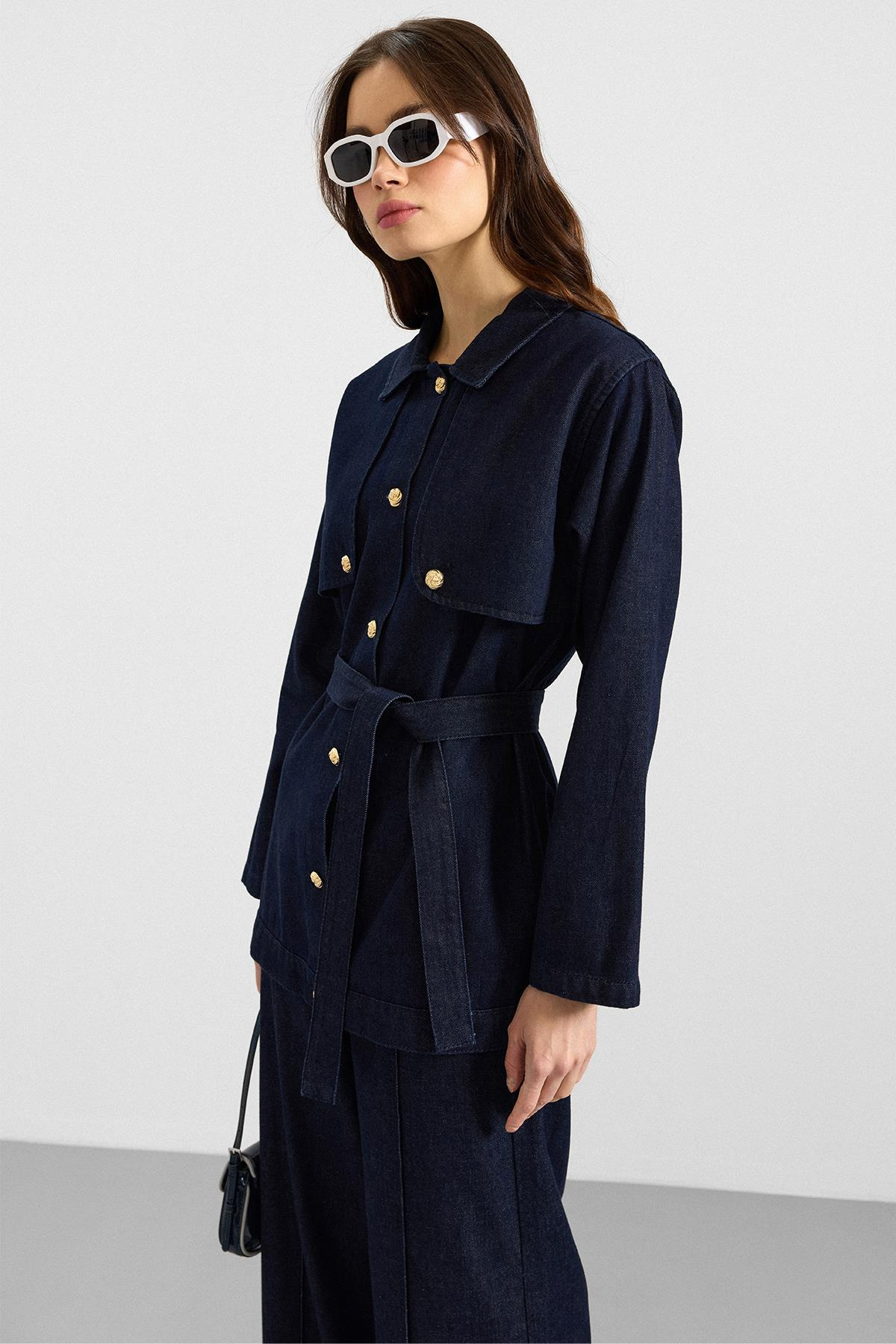 Pelerin ve Metal Düğmeli Ceket Pantolon Denim İkili Takım LACİVERT 9393-TK