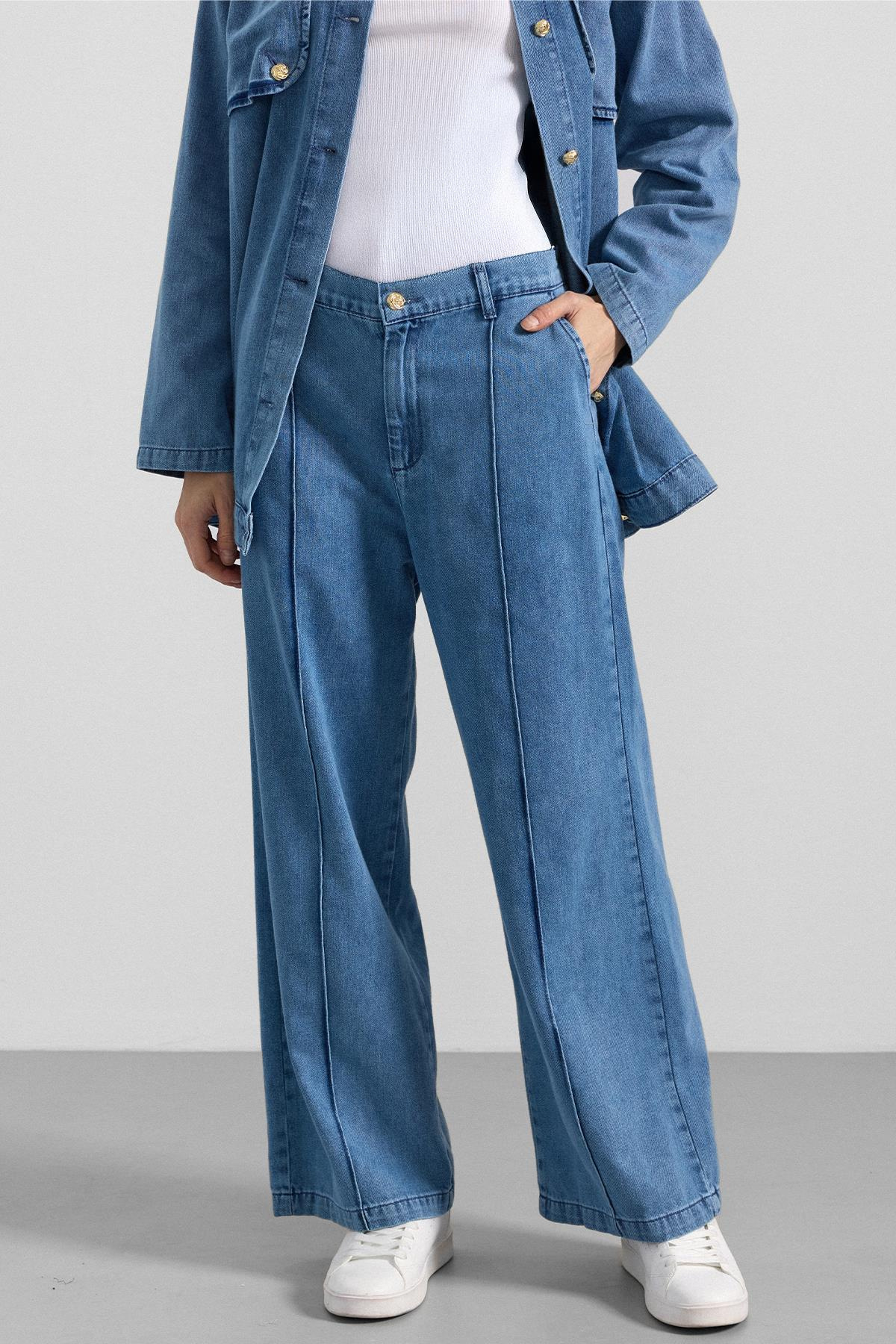 Pelerin ve Metal Düğmeli Ceket Pantolon Denim İkili Takım MAVİ 9393-TK