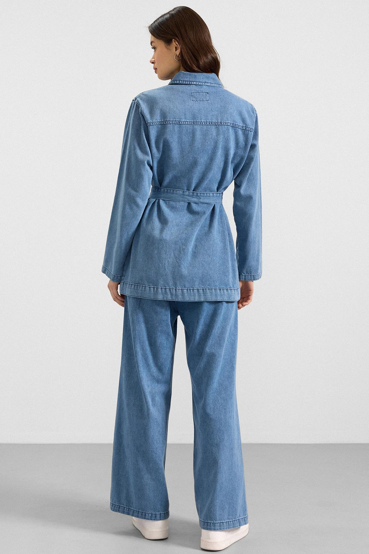 Pelerin ve Metal Düğmeli Ceket Pantolon Denim İkili Takım MAVİ 9393-TK