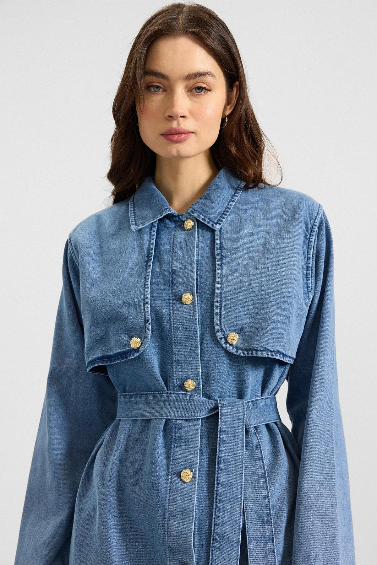 Pelerin ve Metal Düğmeli Ceket Pantolon Denim İkili Takım MAVİ 9393-TK