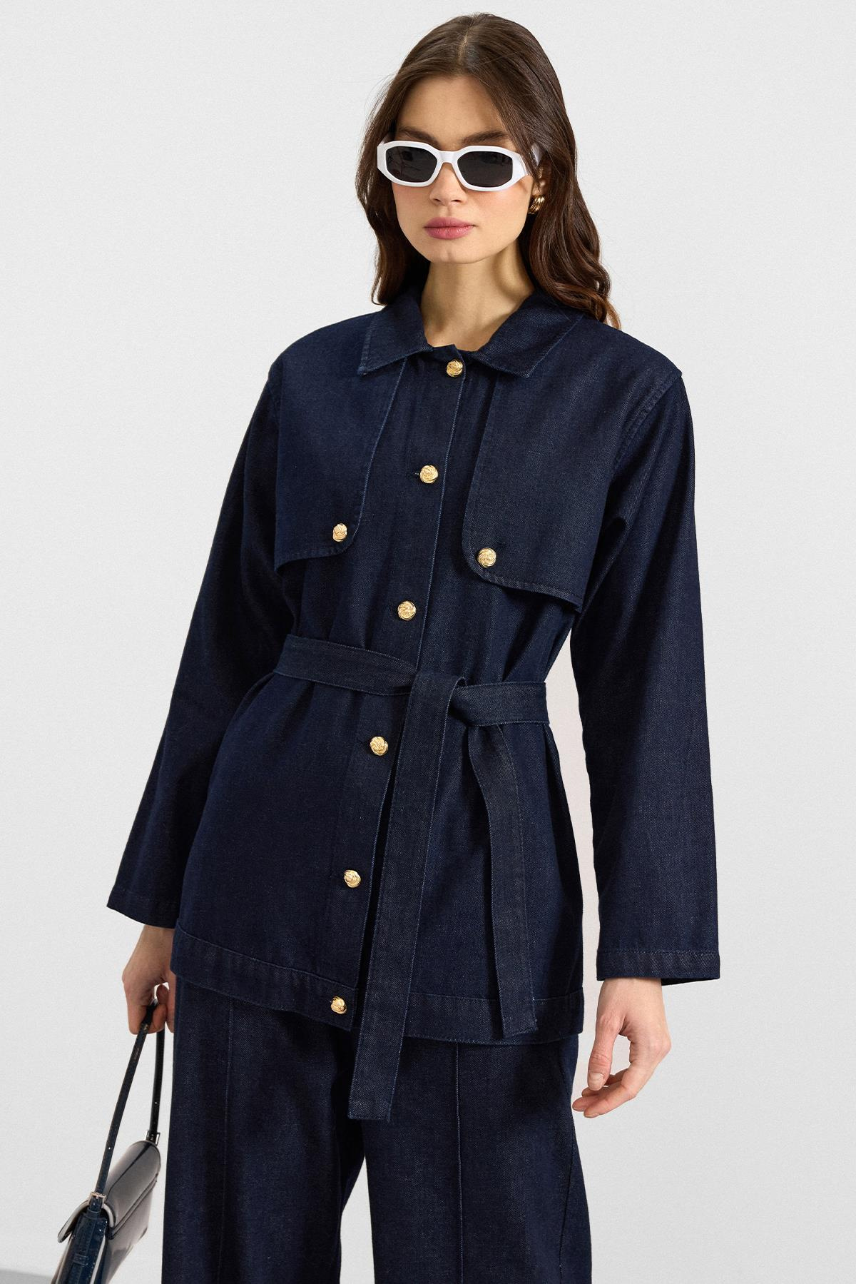 Pelerin ve Metal Düğmeli Ceket Pantolon Denim İkili Takım LACİVERT 9393-TK