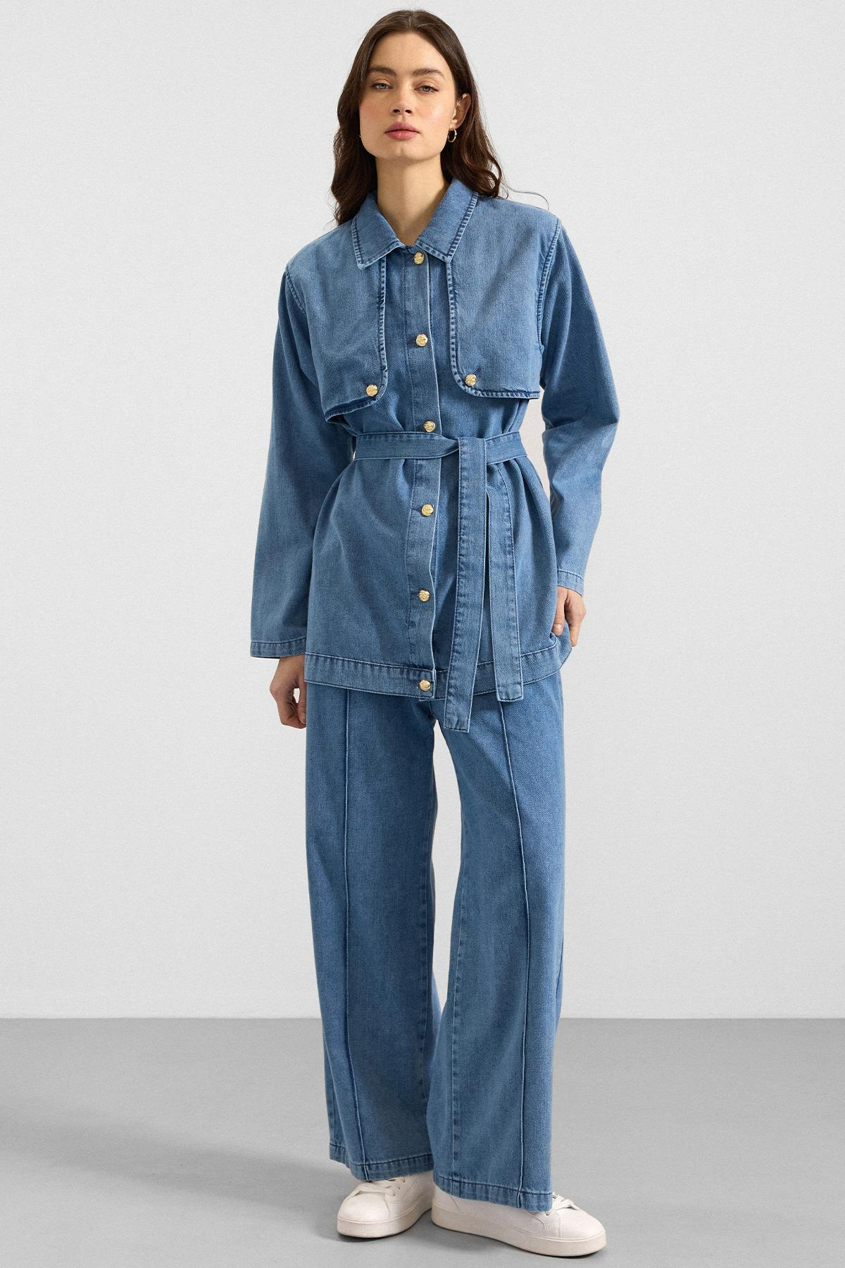 Pelerin ve Metal Düğmeli Ceket Pantolon Denim İkili Takım MAVİ 9393-TK