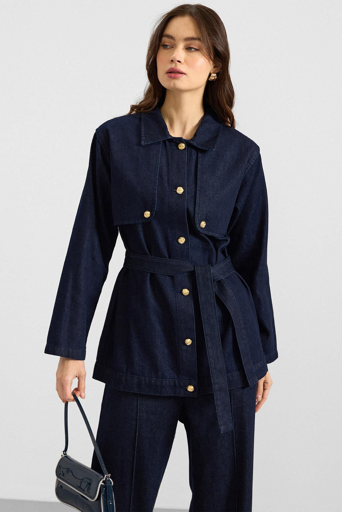 Pelerin ve Metal Düğmeli Ceket Pantolon Denim İkili Takım LACİVERT 9393-TK