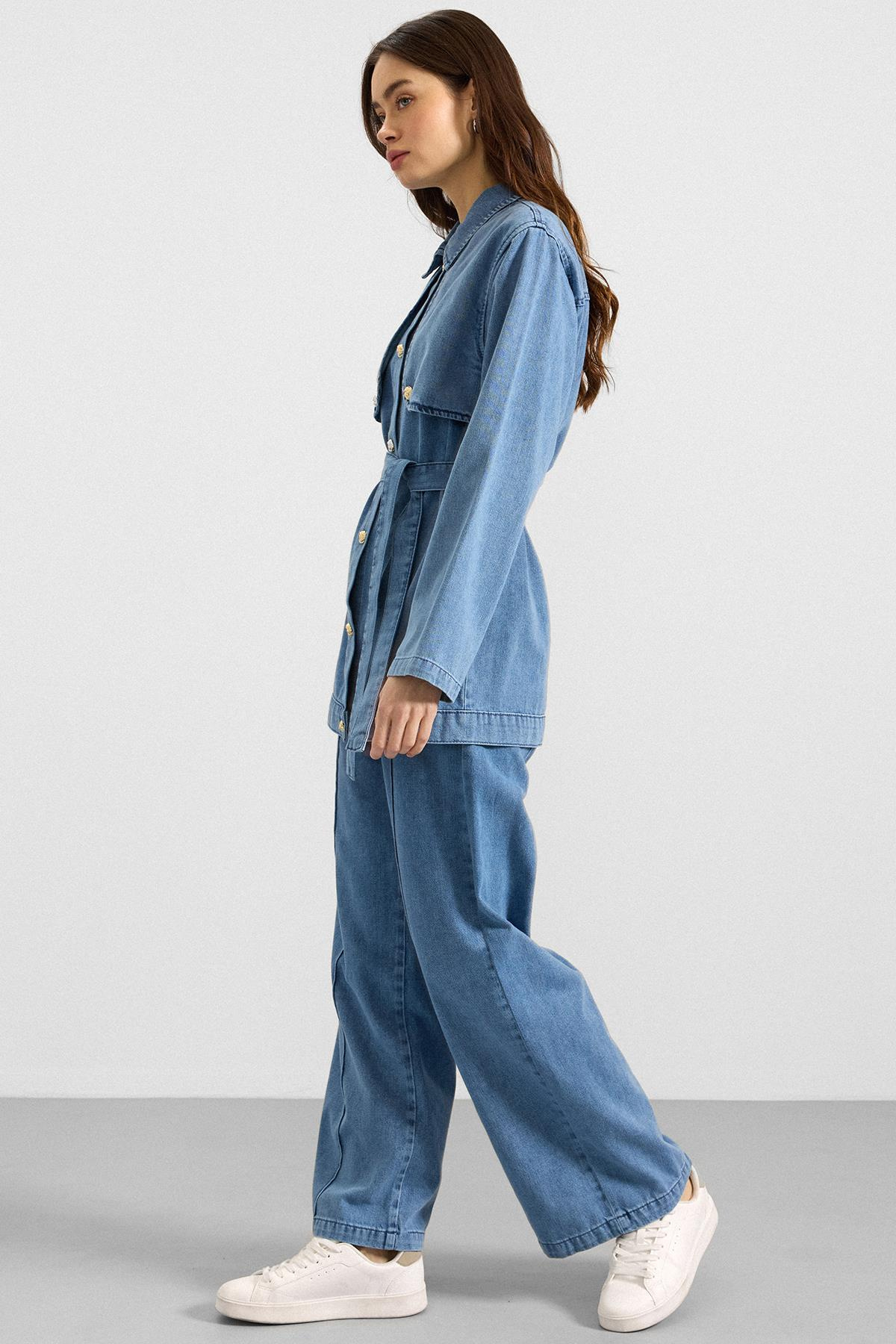 Pelerin ve Metal Düğmeli Ceket Pantolon Denim İkili Takım MAVİ 9393-TK