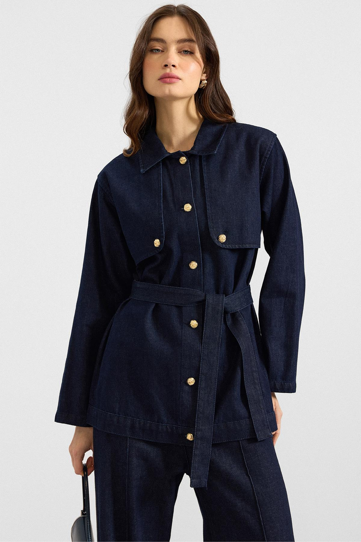 Pelerin ve Metal Düğmeli Ceket Pantolon Denim İkili Takım LACİVERT 9393-TK