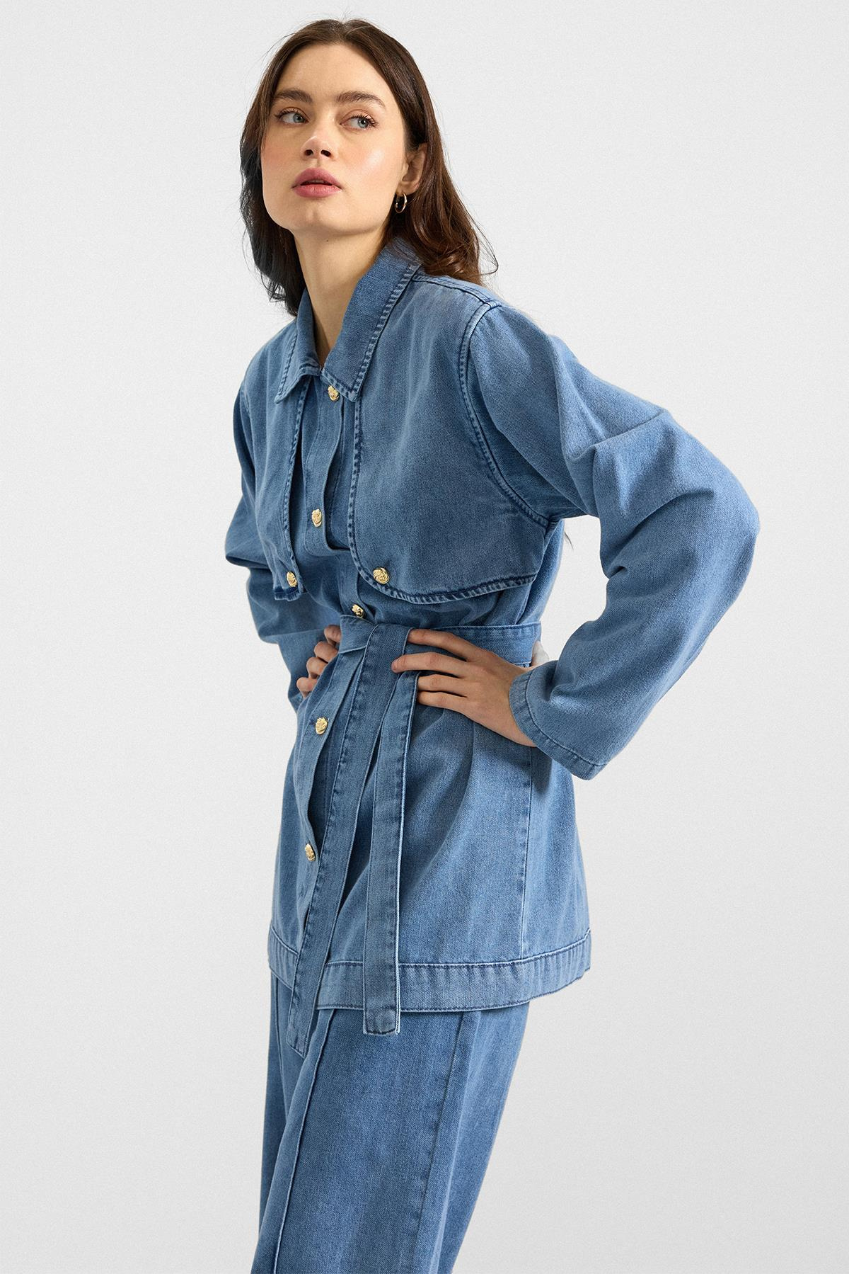 Pelerin ve Metal Düğmeli Ceket Pantolon Denim İkili Takım MAVİ 9393-TK