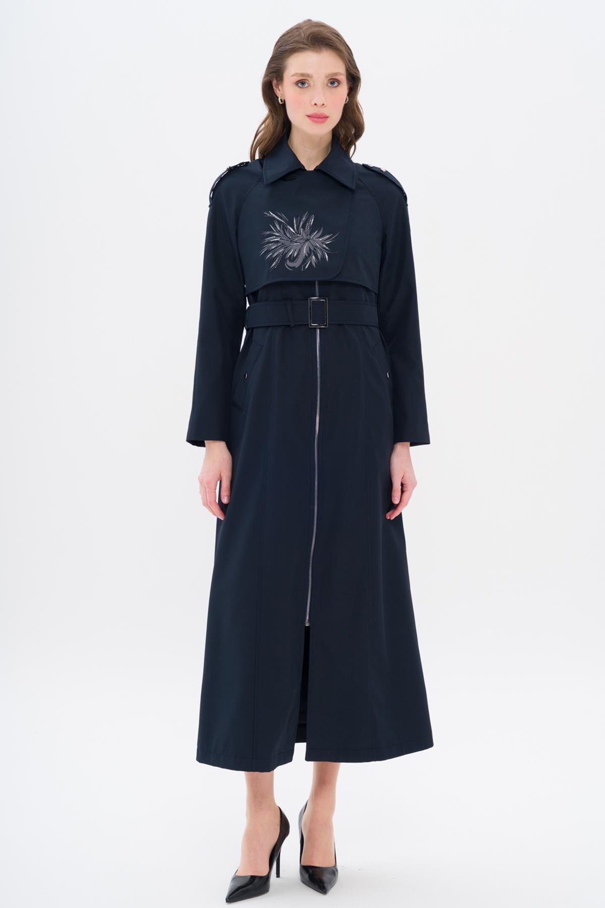 Epauletted Sports Topcoat with Cape Print and Stone Details NAVY 4305