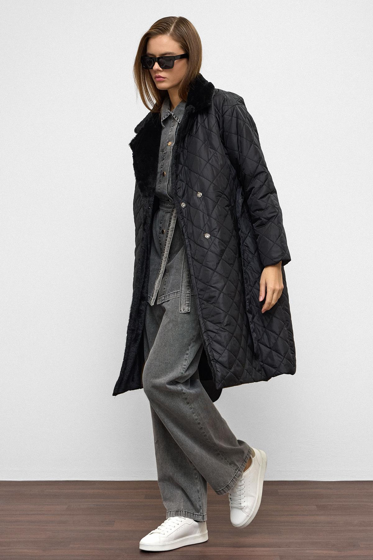 Peluş Garnili Çıt Çıt Kapamalı Kruvaze Kapitone Mont SİYAH 6787