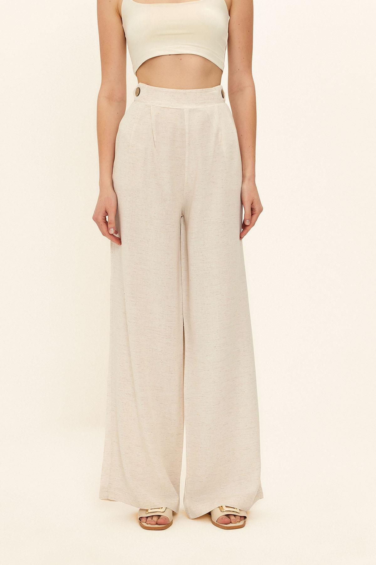 Pile ve Düğme Detaylı Salaş Pantolon BEJ 7581