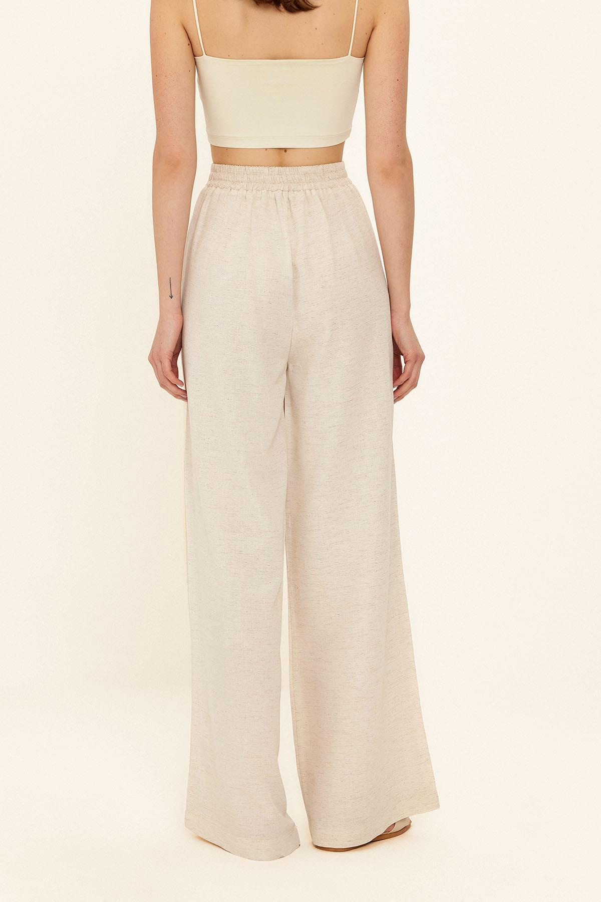 Pile ve Düğme Detaylı Salaş Pantolon BEJ 7581