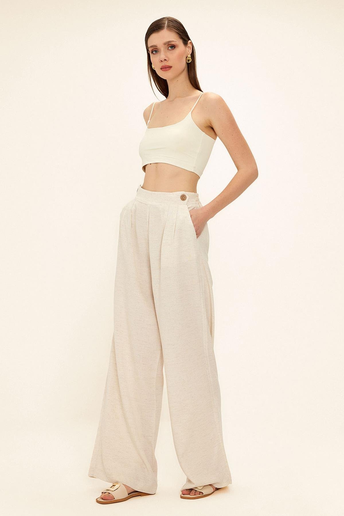 Pile ve Düğme Detaylı Salaş Pantolon BEJ 7581