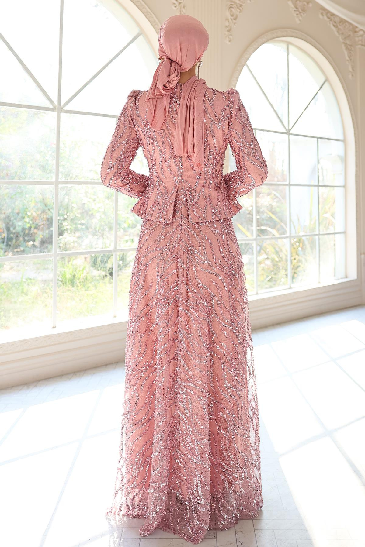 Pul ve Güpür Detaylı Exclusive Tesettür Abiye Elbise PUDRA 1057