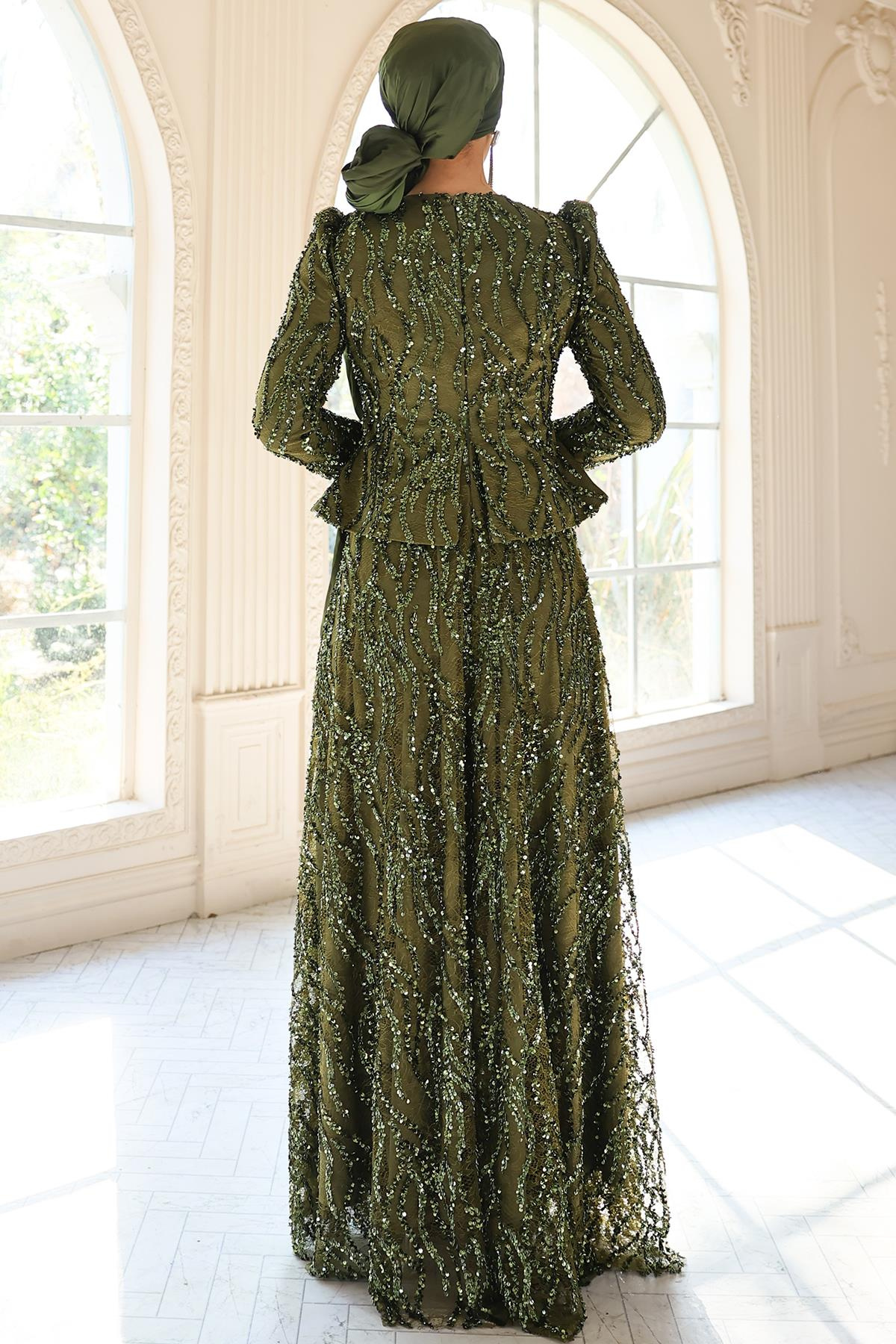 Pul ve Güpür Detaylı Exclusive Tesettür Abiye Elbise YEŞİL 1057