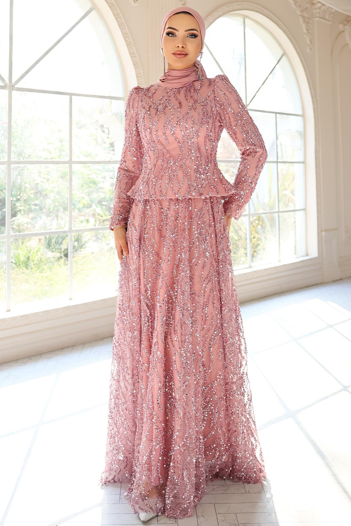 Pul ve Güpür Detaylı Exclusive Tesettür Abiye Elbise PUDRA 1057