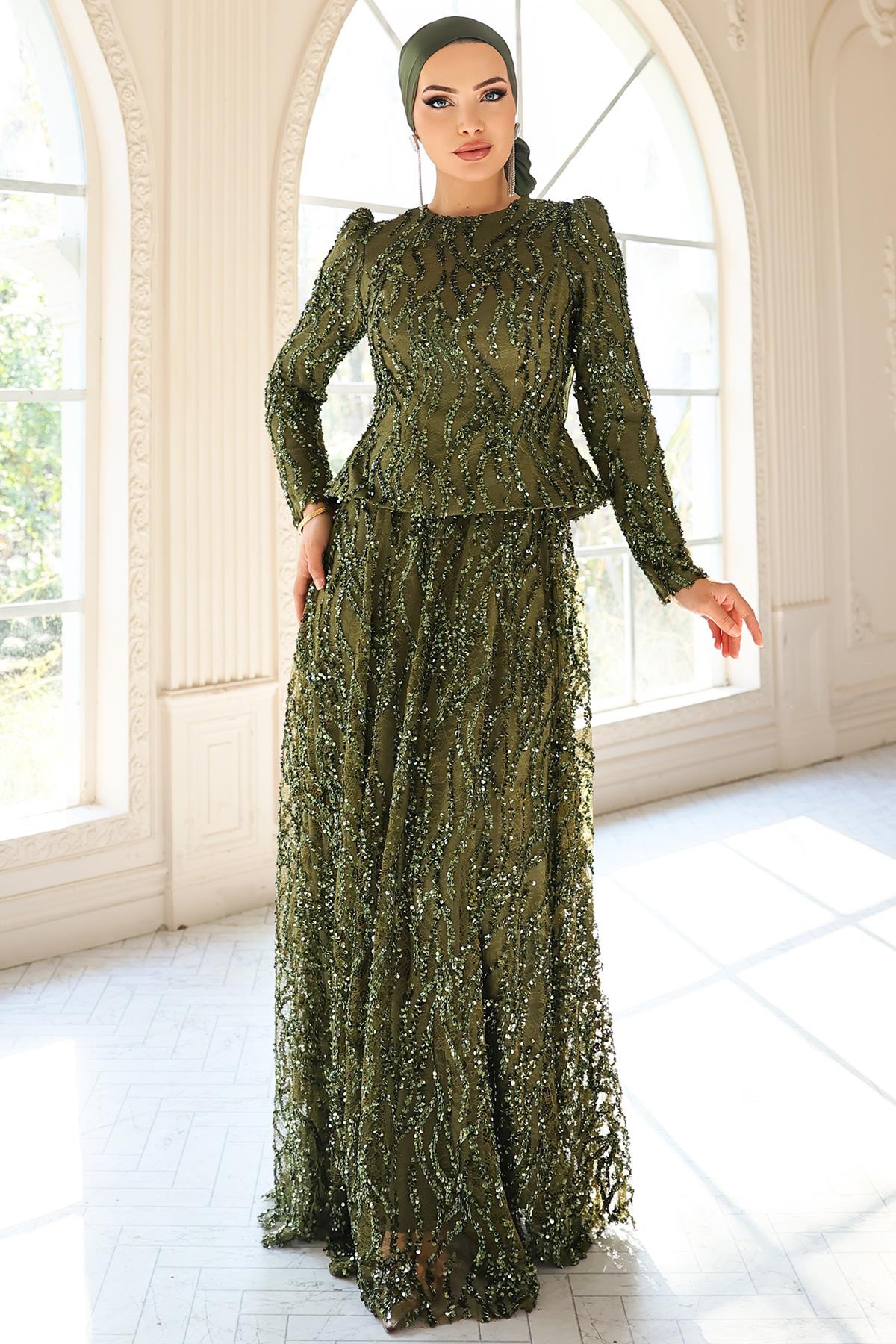 Pul ve Güpür Detaylı Exclusive Tesettür Abiye Elbise YEŞİL 1057