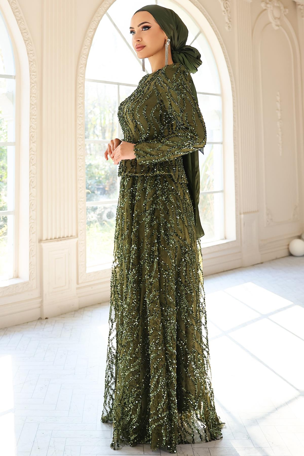 Pul ve Güpür Detaylı Exclusive Tesettür Abiye Elbise YEŞİL 1057