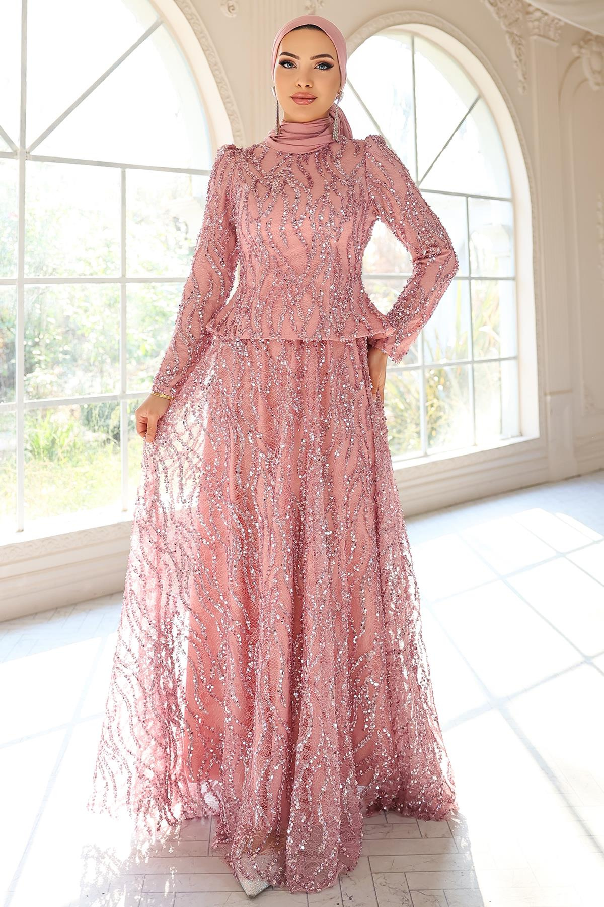 Pul ve Güpür Detaylı Exclusive Tesettür Abiye Elbise PUDRA 1057