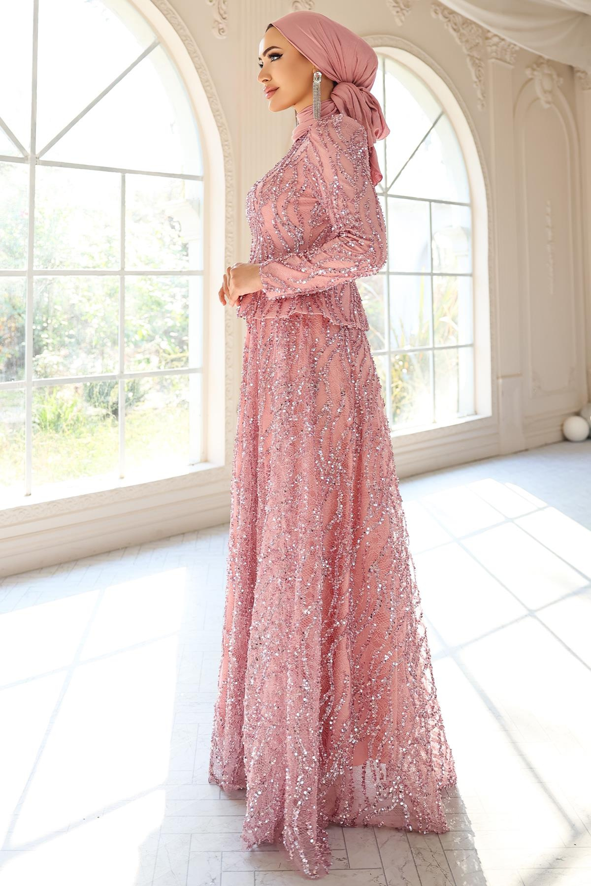 Pul ve Güpür Detaylı Exclusive Tesettür Abiye Elbise PUDRA 1057