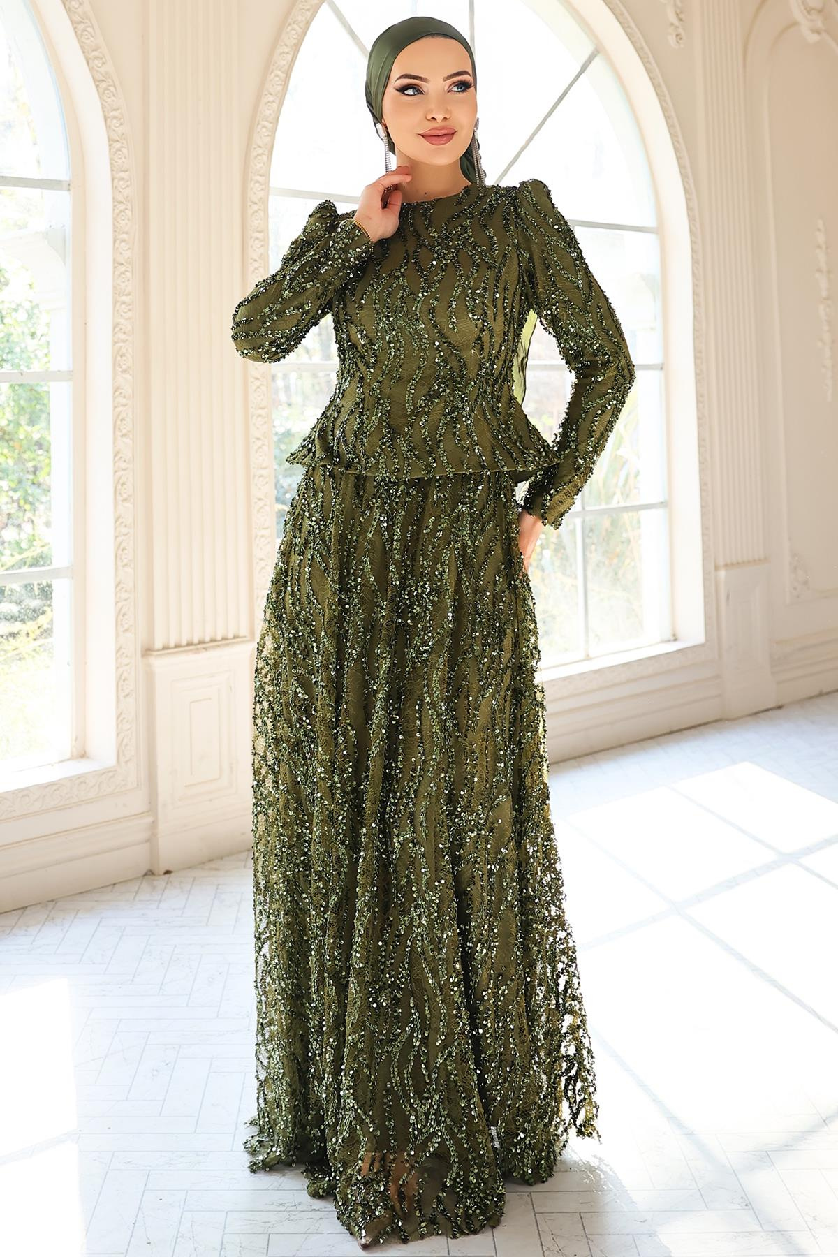 Pul ve Güpür Detaylı Exclusive Tesettür Abiye Elbise YEŞİL 1057